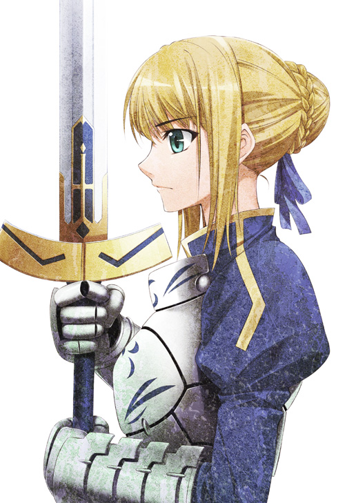 yanagi (tsukiakari), artoria pendragon (fate), saber (fate), fate/stay night, fate (series), 00s, 1girl, aqua eyes, armor, armored dress, blonde hair, dress, excalibur (fate/stay night), female focus, gauntlets, hair ribbon, long hair, profile, ribbon, simple background, solo, sword, weapon, white background