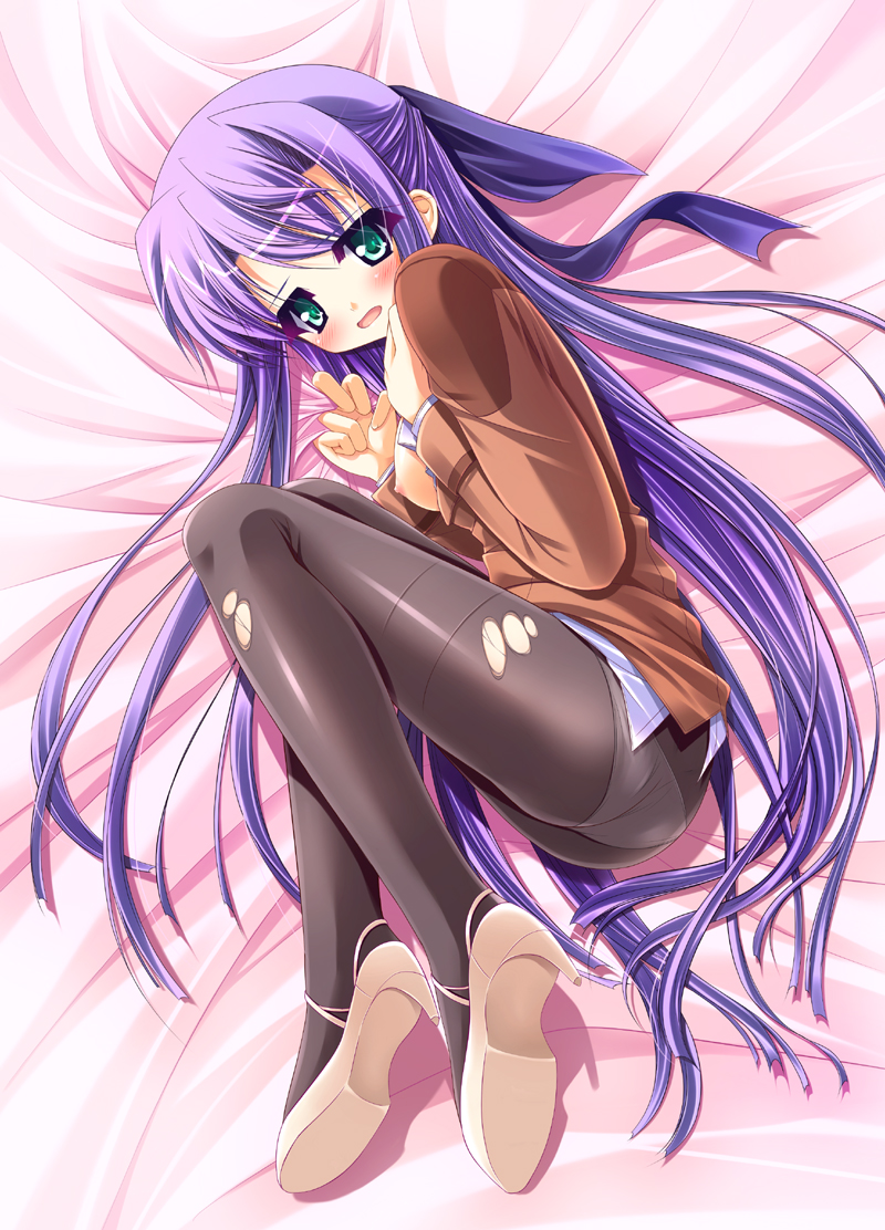 teruui, ginga nakajima, lyrical nanoha, mahou shoujo lyrical nanoha, mahou shoujo lyrical nanoha strikers, 00s, 1girl, ass, black pantyhose, breasts, female focus, green eyes, hair ribbon, high heels, long hair, nipples, open clothes, open shirt, panties, panties under pantyhose, pantyhose, purple hair, ribbon, shirt, shoes, solo, thighband pantyhose, torn clothes, torn pantyhose, underwear