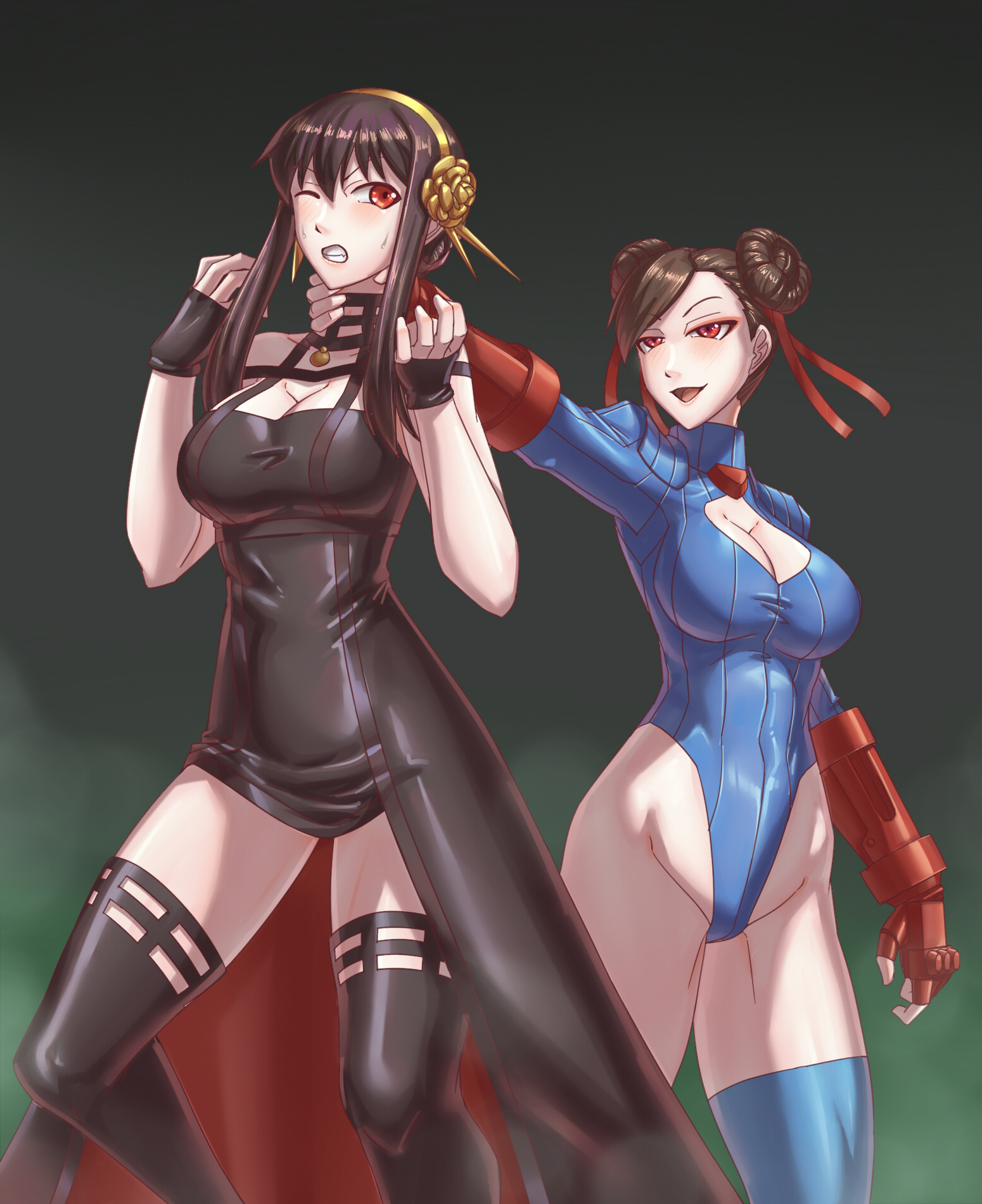 leebigtree, shadaloo, chun-li, yor briar, capcom, spy x family, street fighter, commentary, highres, symbol-only commentary, 2girls, bare shoulders, black dress, black hair, blue leotard, breasts, brown hair, collarbone, corruption, dark persona, double bun, dress, earrings, evil smile, eyeshadow, fighting stance, fingerless gloves, gloves, gold earrings, gold hairband, groin, hair bun, hairband, heattech leotard, highleg, highleg leotard, jewelry, large breasts, leotard, long hair, makeup, mind control, multiple girls, one eye closed, red eyes, red eyeshadow, red gloves, ribbed leotard, shadaloo dolls, sidelocks, smile, strangling, thighhighs, thong leotard, turtleneck, two-sided dress, two-sided fabric