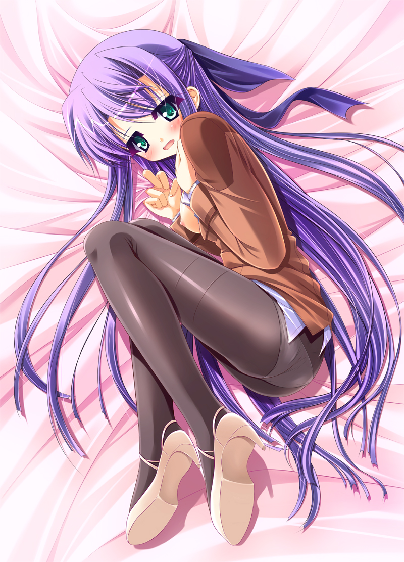 teruui, ginga nakajima, lyrical nanoha, mahou shoujo lyrical nanoha, mahou shoujo lyrical nanoha strikers, 00s, 1girl, ass, black pantyhose, breasts, female focus, green eyes, hair ribbon, high heels, long hair, nipples, open clothes, open shirt, panties, panties under pantyhose, pantyhose, purple hair, ribbon, shirt, shoes, solo, thighband pantyhose, underwear