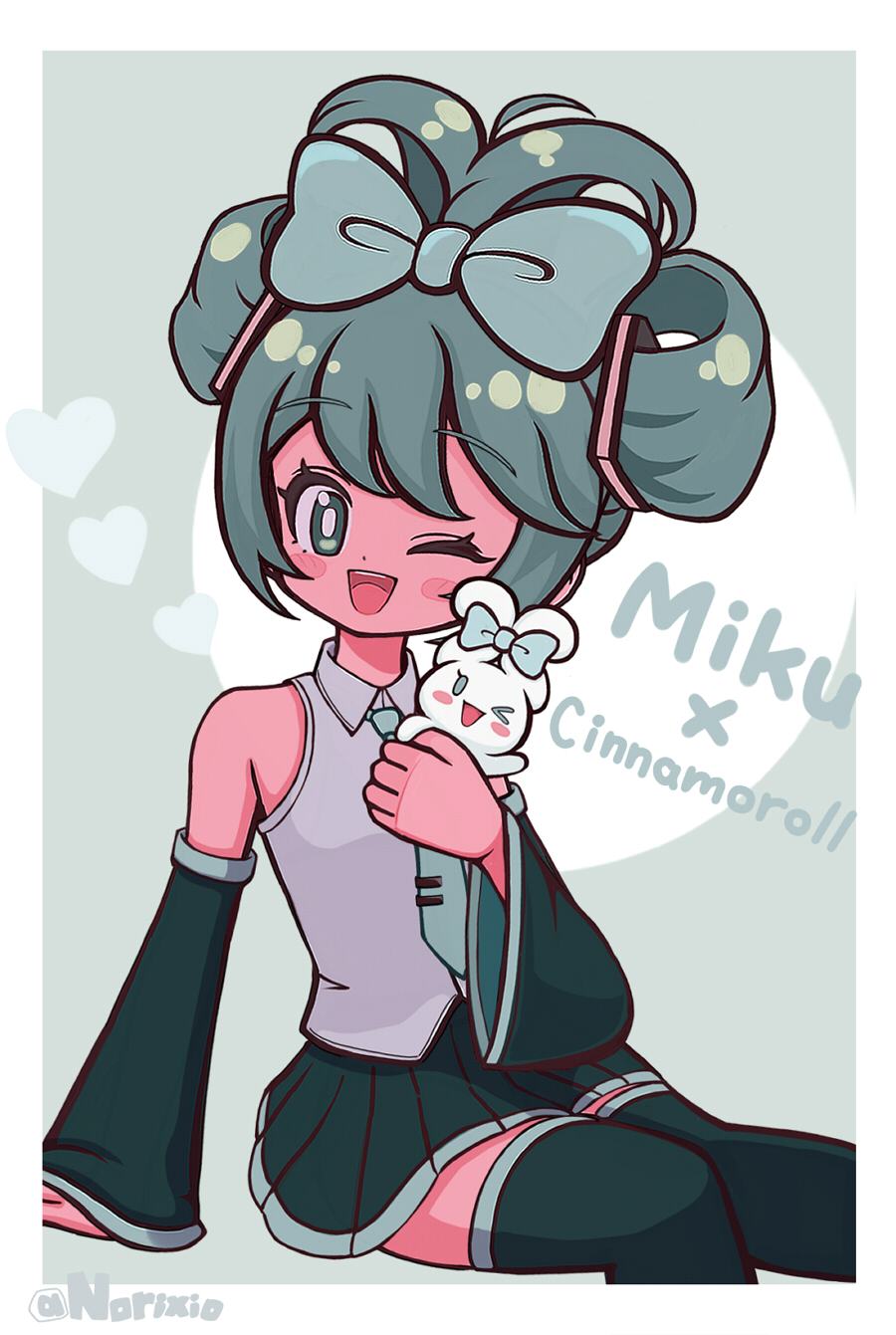 norixio, cinnamiku, cinnamoroll, hatsune miku, fuwa fuwa cinnamoroll, sanrio, vocaloid, highres, 1girl, aqua hair, aqua necktie, blush, border, bow, bow-shaped hair, character name, detached sleeves, feet out of frame, grey background, grey shirt, hair bow, muted color, necktie, one eye closed, open mouth, pleated skirt, shirt, sidelocks, skirt, sleeveless, sleeveless shirt, smile, thighhighs, twitter username, updo, white border, wide sleeves