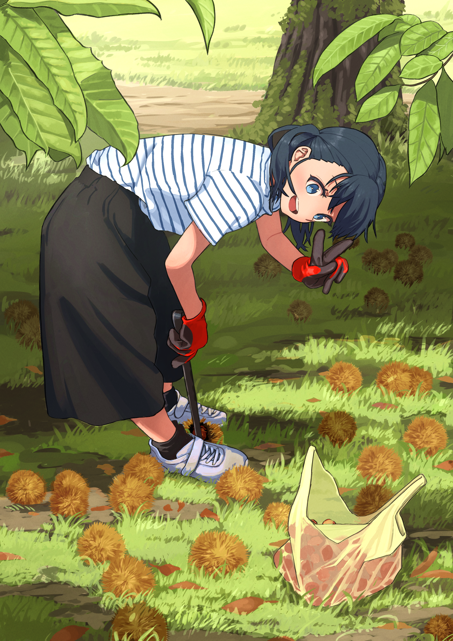 toraneko, original, commentary request, highres, 1girl, :d, ankle socks, bag, bent over, black gloves, black hair, black skirt, black socks, blue eyes, blush, bright pupils, burr, chestnut, day, from side, full body, gloves, grass, holding, leaf, long skirt, looking at viewer, looking to the side, medium hair, open mouth, outdoors, picking up, plastic bag, red gloves, shirt, shirt tucked in, shoes, short sleeves, skirt, smile, sneakers, socks, solo, standing, striped clothes, striped shirt, teeth, tree, turning head, twintails, two-tone gloves, upper teeth only, v, white pupils, white shirt, white shoes
