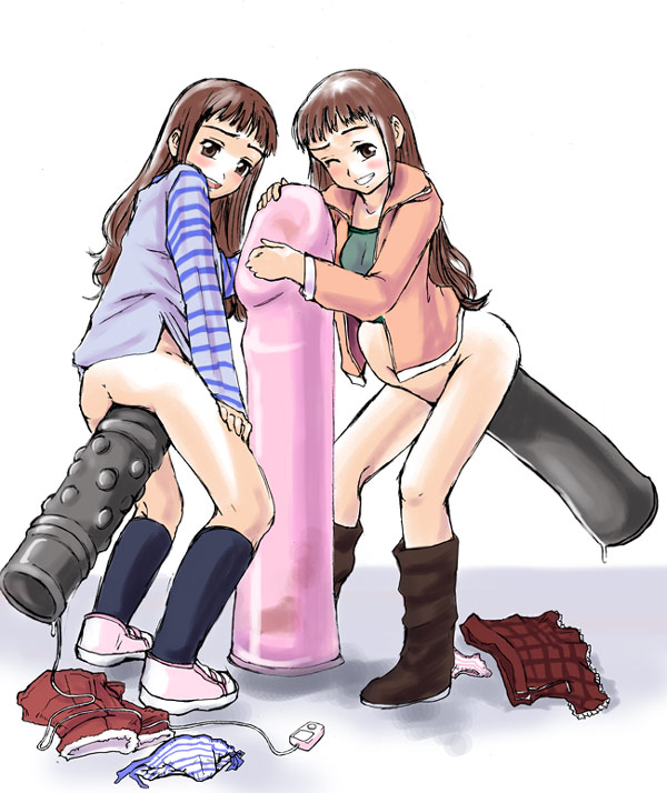 mayonnaise (ringo gakuen), 2girls, bottomless, brown eyes, brown hair, dildo, large insertion, mayonnaise, multiple girls, object insertion, one eye closed, panties, sex toy, siblings, sisters, smile, stomach bulge, twins, underwear, wink