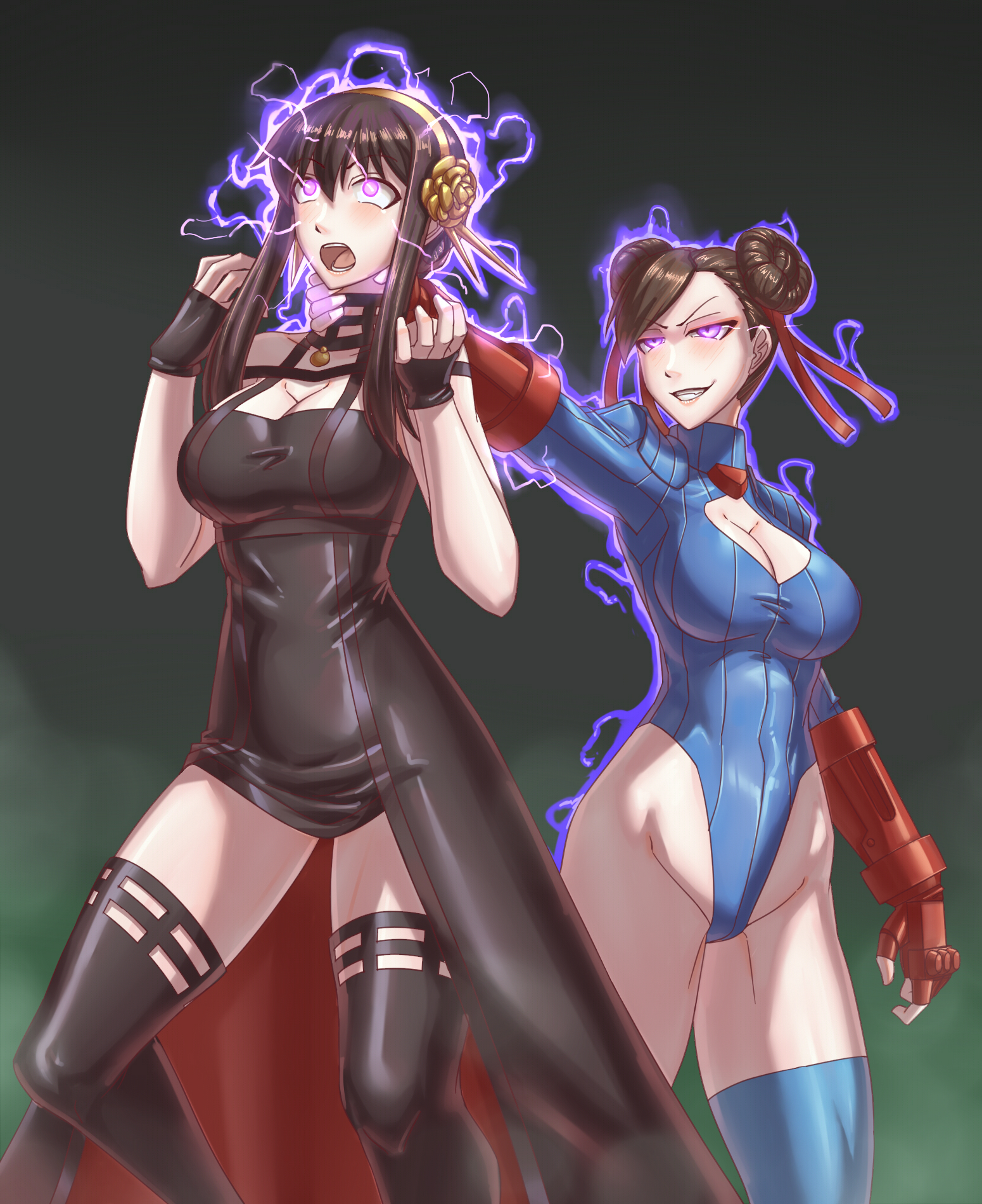 leebigtree, shadaloo, chun-li, yor briar, capcom, street fighter, commentary, highres, symbol-only commentary, 2girls, bare shoulders, black dress, black hair, blue leotard, breasts, brown hair, collarbone, corruption, dark persona, double bun, dress, earrings, electricity, evil smile, eyeshadow, fighting stance, fingerless gloves, gloves, gold earrings, gold hairband, groin, hair bun, hairband, heattech leotard, highleg, highleg leotard, jewelry, large breasts, leotard, long hair, makeup, mind control, multiple girls, pink eyes, red eyeshadow, red gloves, ribbed leotard, shadaloo dolls, sidelocks, smile, strangling, thighhighs, thong leotard, turtleneck, two-sided dress, two-sided fabric