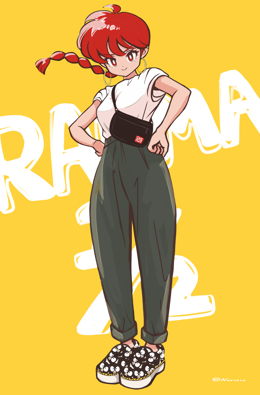 norixio, ranma-chan, ranma 1/2, highres, 1girl, alternate costume, breasts, character name, earrings, english text, full body, jewelry, red eyes, red hair, simple background, smile, solo, standing, twitter username, yellow background