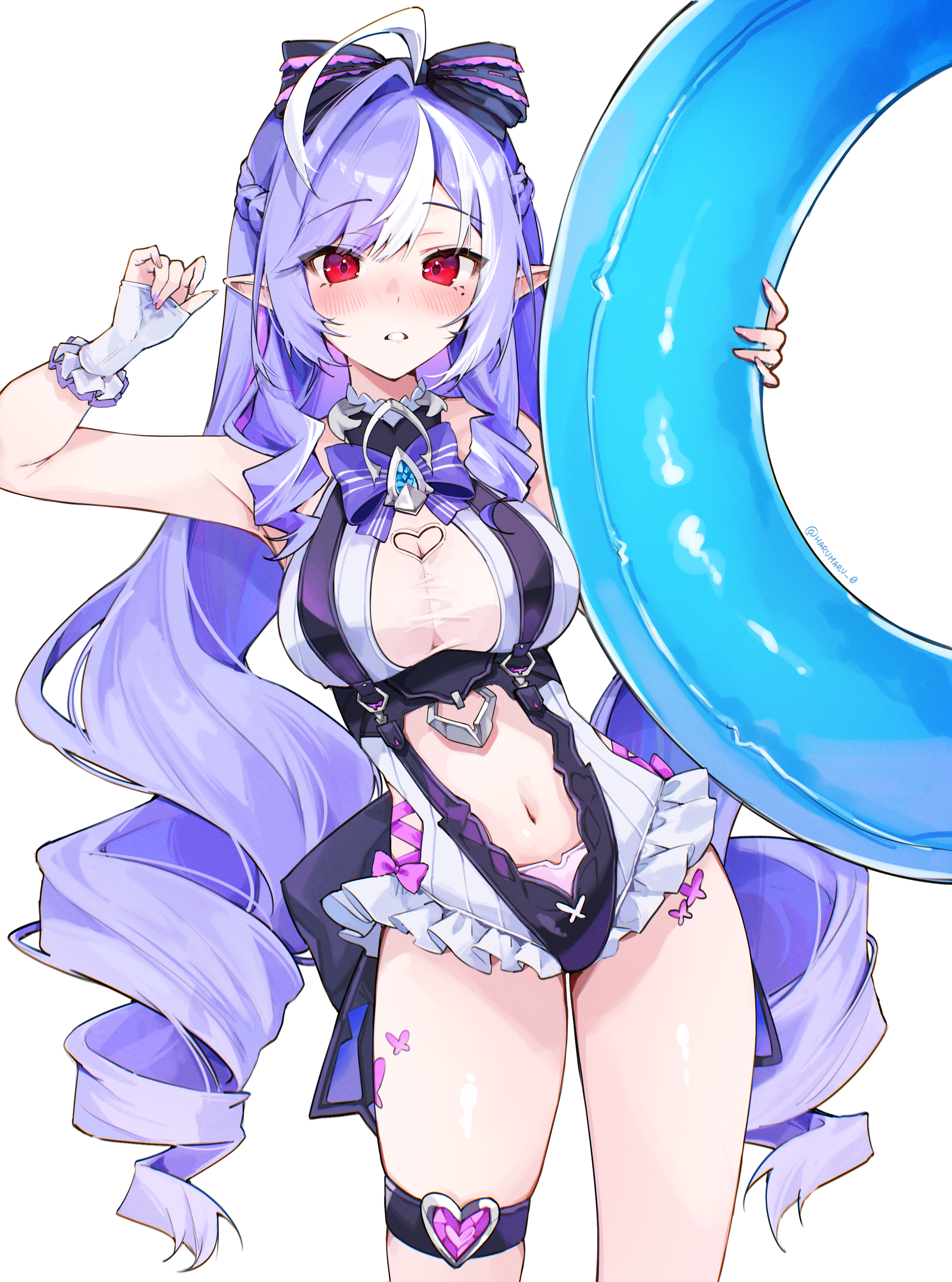 yuzureei, vivian banshee, vivian banshee (iris of the shore), zenless zone zero, absurdres, highres, 1girl, animal print, arm up, armpits, backless swimsuit, bare shoulders, black bow, blush, bow, breasts, butterfly print, clothing cutout, drill hair, frilled one-piece swimsuit, frills, gem, hair bow, heart cutout, holding, holding swim ring, innertube, long hair, looking at viewer, mole, mole under eye, nail polish, navel, official alternate costume, one-piece swimsuit, pointy ears, purple bow, purple gemstone, purple hair, red eyes, see-through clothes, solo, stomach, stomach cutout, swim ring, swimsuit, teeth, thigh strap, twitter username, white background