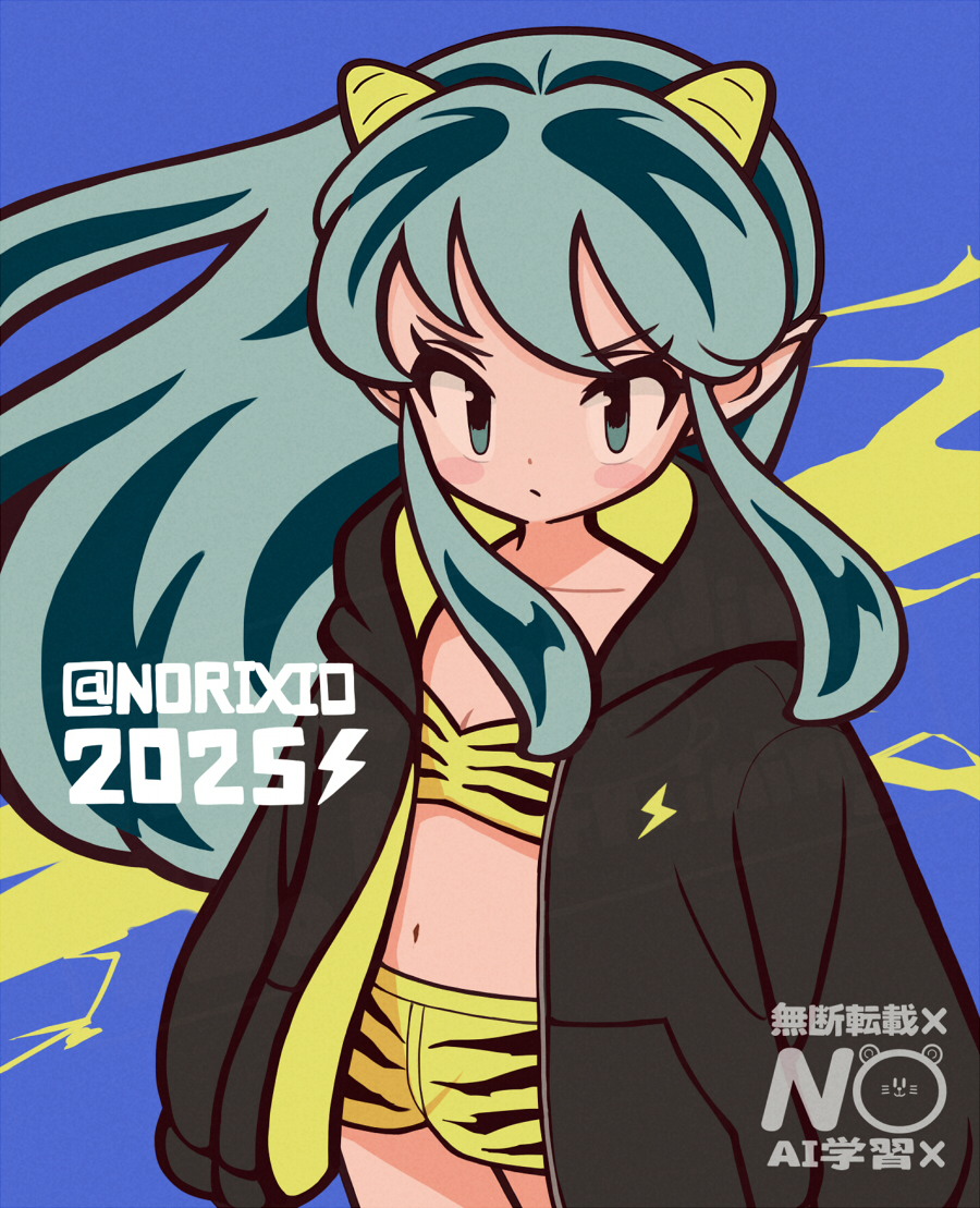 norixio, lum, urusei yatsura, 1girl, 2025, animal print, black jacket, blue background, breasts, cleavage, cowboy shot, crop top, green eyes, green hair, hood, hood down, hooded jacket, horns, jacket, light blush, medium breasts, midriff, navel, pointy ears, print shirt, print shorts, shirt, shorts, sidelocks, solo, tiger print, twitter username