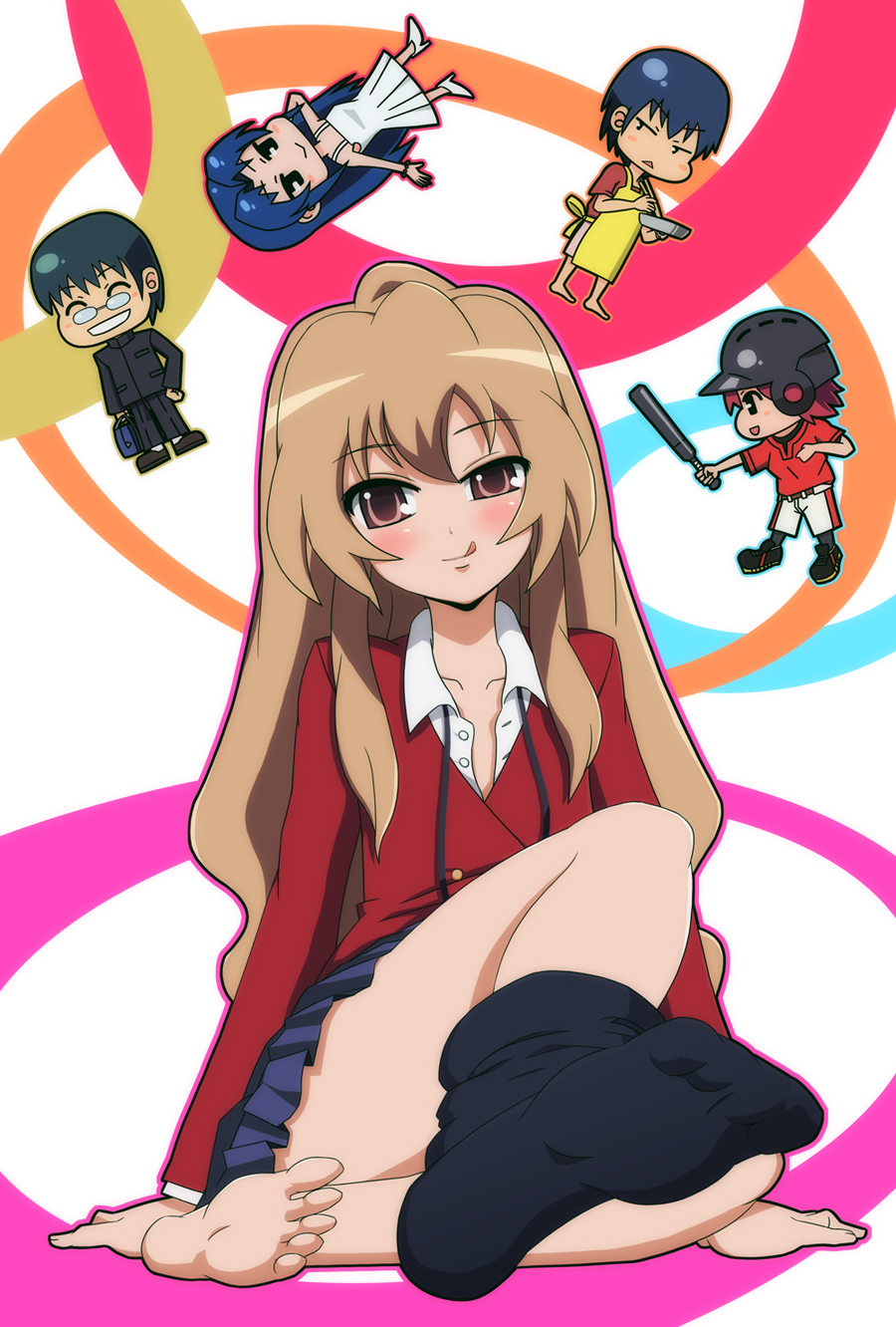 biginaa, aisaka taiga, kawashima ami, kitamura yuusaku, kushieda minori, takasu ryuuji, toradora!, bad id, bad pixiv id, highres, 00s, 2boys, 3girls, apron, barefoot, baseball bat, blue hair, brown eyes, brown hair, chibi, feet, foot focus, green hair, helmet, long hair, multiple boys, multiple girls, red hair, school uniform, short hair, single sock, skirt, socks, soles, thighhighs, tongue, undressing