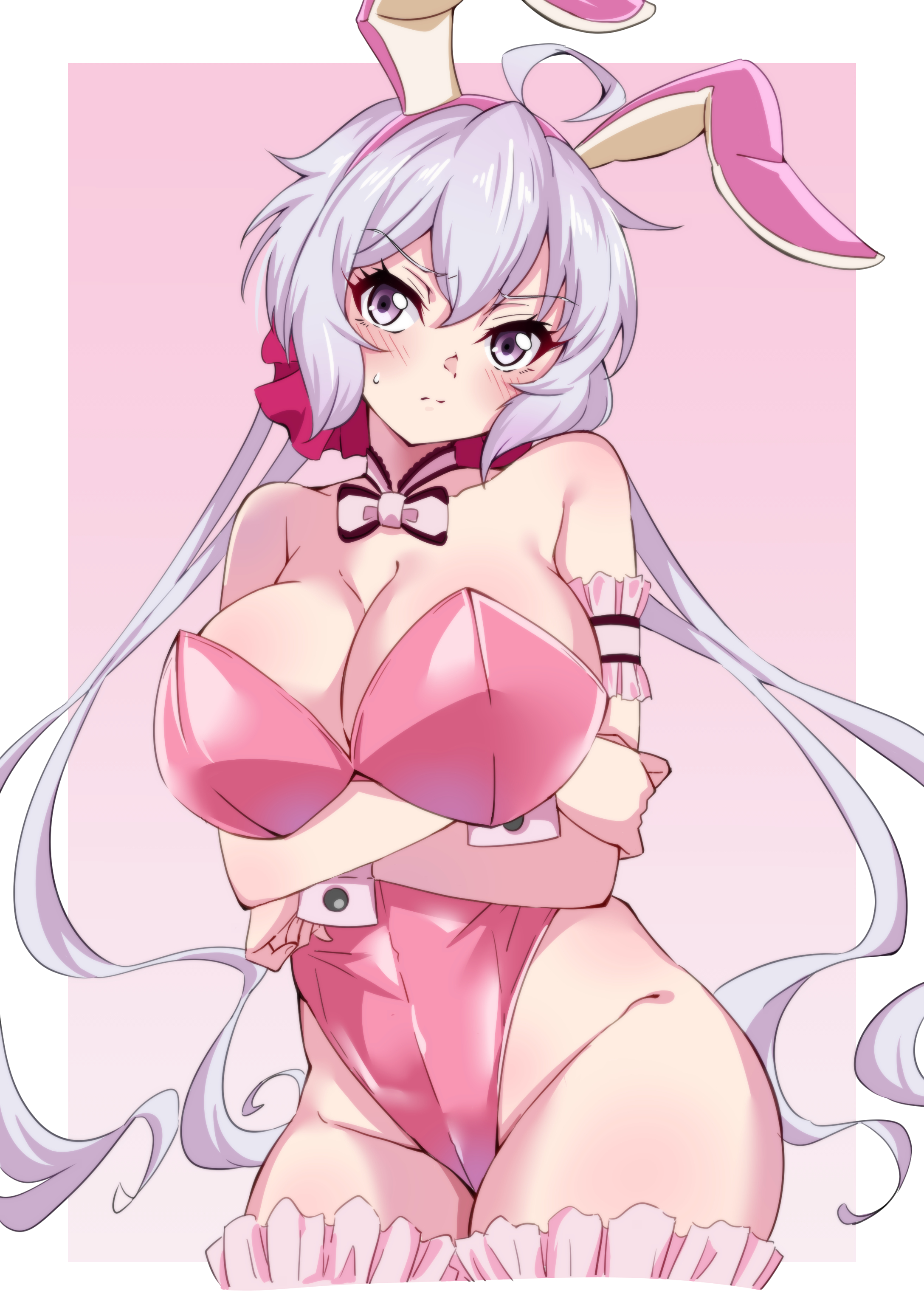 freedom xdrive, yukine chris, senki zesshou symphogear, absurdres, highres, 1girl, ahoge, blush, breasts, cleavage, grey hair, hair between eyes, hair ornament, hair scrunchie, large breasts, leotard, long hair, looking at viewer, low twintails, pink leotard, playboy bunny, purple eyes, scrunchie, shiny skin, solo, standing, thighhighs, twintails, very long hair