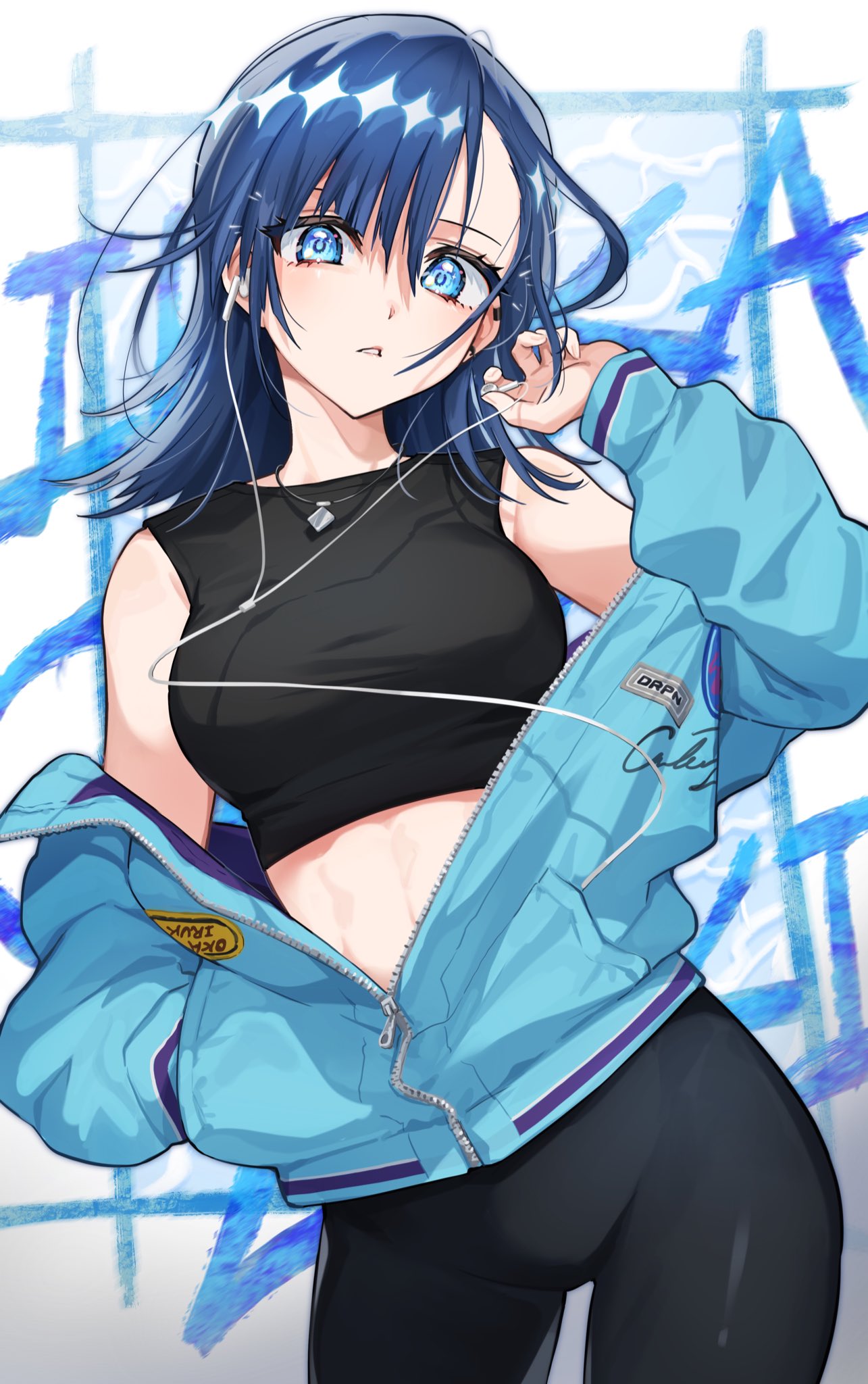 shinishi chiho, okazaki iruka, medalist (manga), commentary, highres, 1girl, abs, armpit crease, asymmetrical bangs, bare shoulders, black pants, black shirt, blue hair, blue jacket, blush, breasts, character name, contrapposto, covered groin, cowboy shot, crop top, cropped shirt, earbuds, earclip, earphones, earrings, hair between eyes, hand in pocket, hand up, head tilt, holding, holding earphones, jacket, jewelry, large breasts, long sleeves, looking at viewer, medium hair, midriff, necklace, off shoulder, pants, parted lips, partially unzipped, shirt, single earphone removed, sleeveless, sleeveless shirt, solo, standing, yoga pants, zipper, zipper pull tab