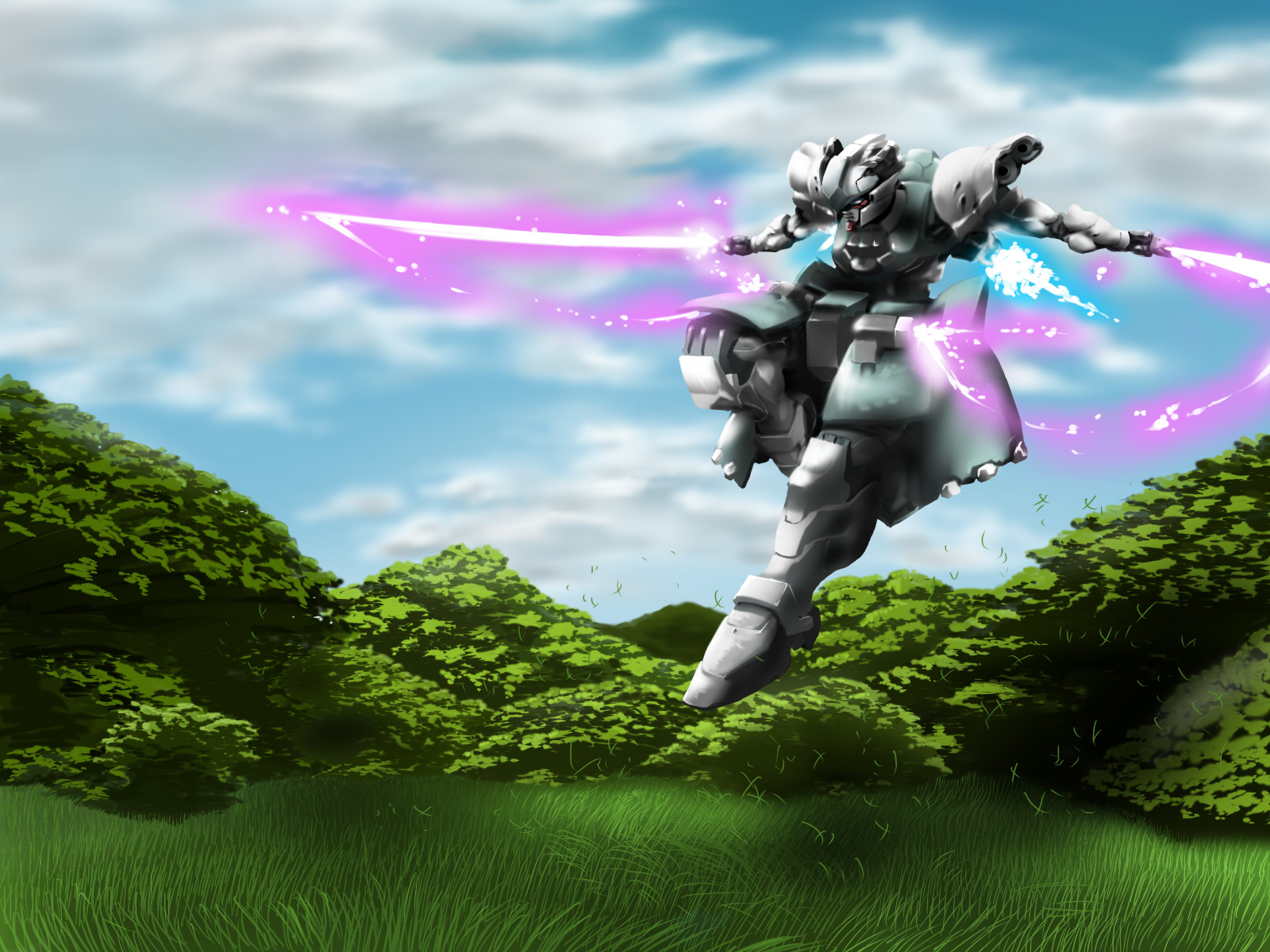 tukiwani, konpaku youmu, gundam, touhou, highres, cloud, cloudy sky, day, dual wielding, forest, grass, holding, mecha, mechanization, nature, no humans, outdoors, plant, robot, sky, solo, sword, tanto, weapon