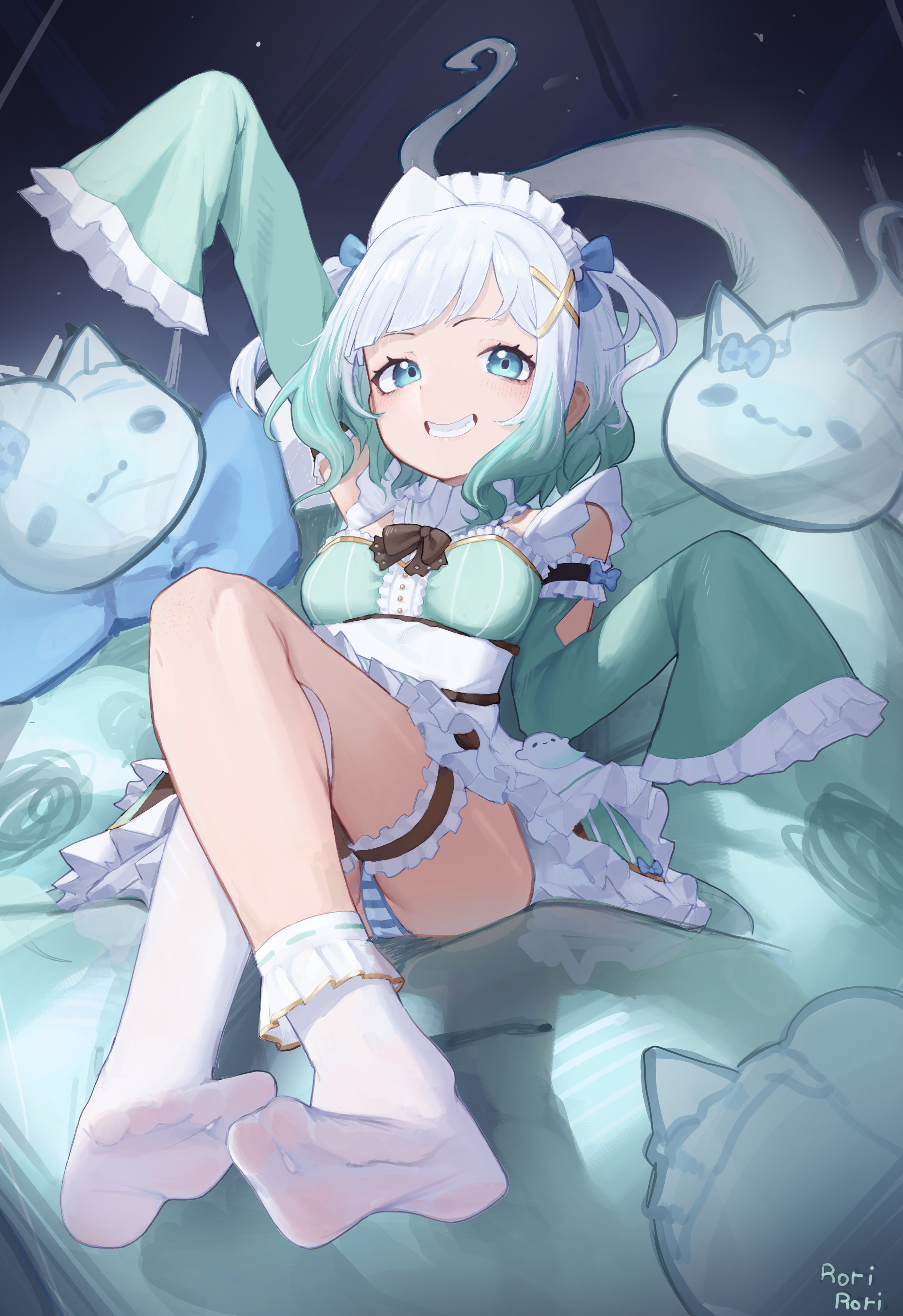 rorirori (rorirori45), mint fantome, mint fantome (minto 2.0), wisps (mint fantome), indie virtual youtuber, absurdres, commentary, english commentary, highres, 1girl, ankle strap, arm up, artist name, asymmetrical legwear, blue bow, blue panties, blue ribbon, bow, bowtie, breasts, brown bow, collar, detached collar, dot nose, dress, feet, foot focus, foreshortening, frilled dress, frilled sleeves, frilled socks, frills, full body, ghost girl, gradient hair, green dress, green eyes, green hair, grin, hair ornament, hair ribbon, maid, maid headdress, multicolored hair, panties, ribbon, short sleeves, short twintails, single thighhigh, sitting, sketch, sleeves past fingers, sleeves past wrists, smile, socks, soles, striped clothes, striped dress, striped panties, teeth, thighhighs, toes, twintails, two side up, underwear, vertical-striped clothes, vertical-striped dress, virtual youtuber, white collar, white hair, white socks, white thighhighs, x hair ornament