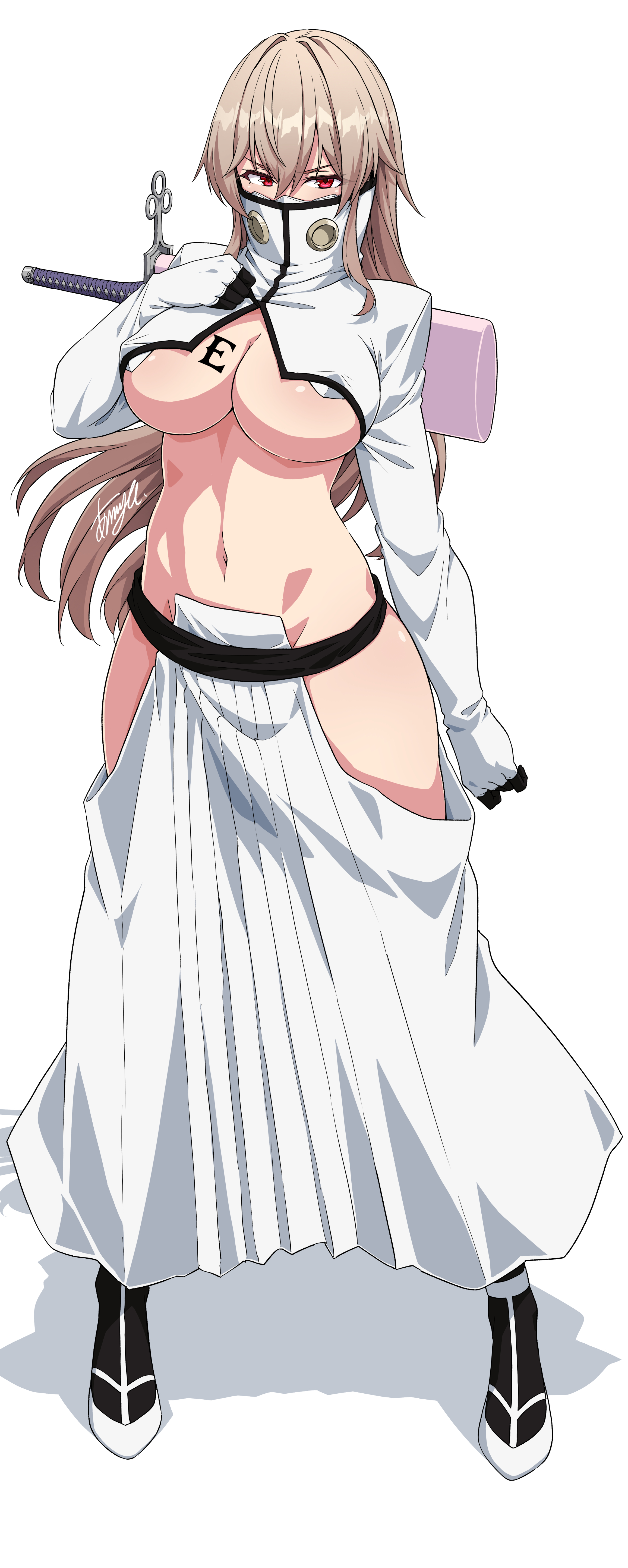 asanaya, furen e lustario, tier harribel, bleach, nijisanji, absurdres, character request, check character, check copyright, commentary request, copyright request, highres, breasts, brown hair, cleavage, cosplay, full body, hair between eyes, high collar, long hair, looking at viewer, medium breasts, navel, red eyes, revealing clothes, shirt, signature, simple background, skirt, standing, tier harribel (cosplay), virtual youtuber, weapon, weapon on back, white background, white shirt, white skirt