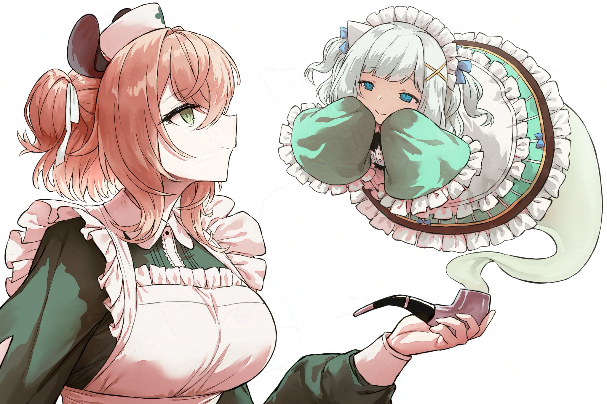 haraya manawari, mint fantome, mint fantome (minto 2.0), nimi nightmare, nimi nightmare (1st costume), indie virtual youtuber, adversarial noise, commentary, highres, 2girls, apron, blue eyes, blue ribbon, breasts, brown hair, closed mouth, collared dress, dress, frilled sleeves, frills, ghost, green dress, green eyes, hair ornament, hair ribbon, hat, holding, holding smoking pipe, large breasts, long sleeves, looking at another, maid, maid apron, maid headdress, multiple girls, nurse cap, ponytail, profile, ribbon, short hair, simple background, sleeves past fingers, sleeves past wrists, smile, smoking pipe, striped clothes, striped dress, triangular headpiece, two side up, upper body, vertical-striped clothes, vertical-striped dress, very long sleeves, virtual youtuber, white apron, white background, white hat, x hair ornament