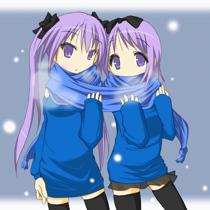 umiato, hiiragi kagami, hiiragi tsukasa, lucky star, 00s, 2girls, black thighhighs, blue eyes, bow, breath, casual, dress, hair bow, hair ribbon, long hair, long sleeves, multiple girls, purple hair, ribbon, scarf, see-through clothes, shared clothes, shared scarf, short hair, siblings, sisters, snow, sweater, tareme, thighhighs, tsurime, twins, winter, zettai ryouiki
