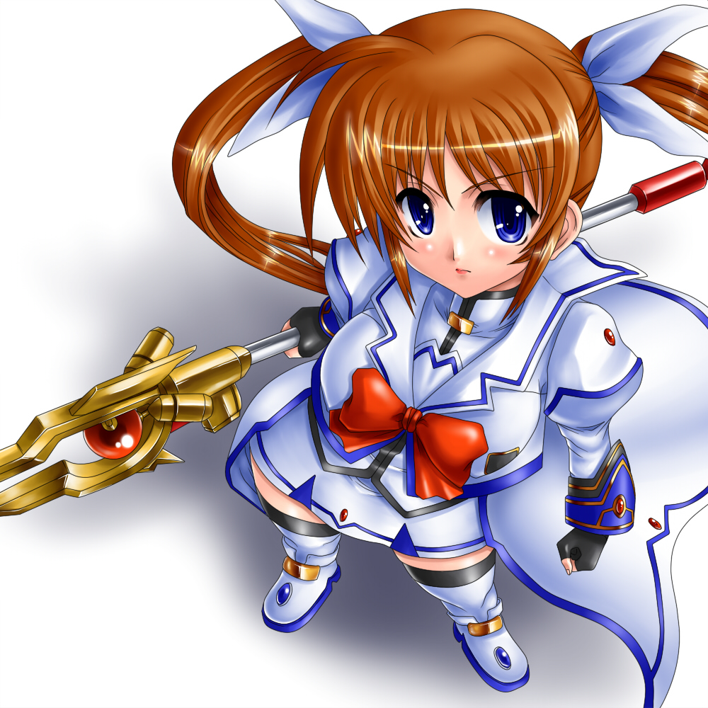 gao (artist), gao (naodayo), raising heart, raising heart (buster mode), takamachi nanoha, takamachi nanoha (aggressor mode), lyrical nanoha, mahou shoujo lyrical nanoha, mahou shoujo lyrical nanoha strikers, 00s, 1girl, blue eyes, boots, brown hair, female focus, fingerless gloves, from above, gloves, hair ribbon, long hair, magical girl, purple eyes, ribbon, solo, thigh boots, thighhighs, twintails