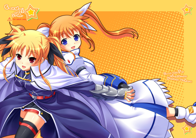 uehara yukihiko, fate testarossa, fate testarossa (impulse form), takamachi nanoha, takamachi nanoha (exceed mode), lyrical nanoha, mahou shoujo lyrical nanoha, mahou shoujo lyrical nanoha strikers, bad id, bad pixiv id, 00s, 2girls, blonde hair, blue eyes, brown hair, gloves, hair ribbon, holding hands, magical girl, multiple girls, purple eyes, red eyes, ribbon, thighhighs, twintails, zettai ryouiki