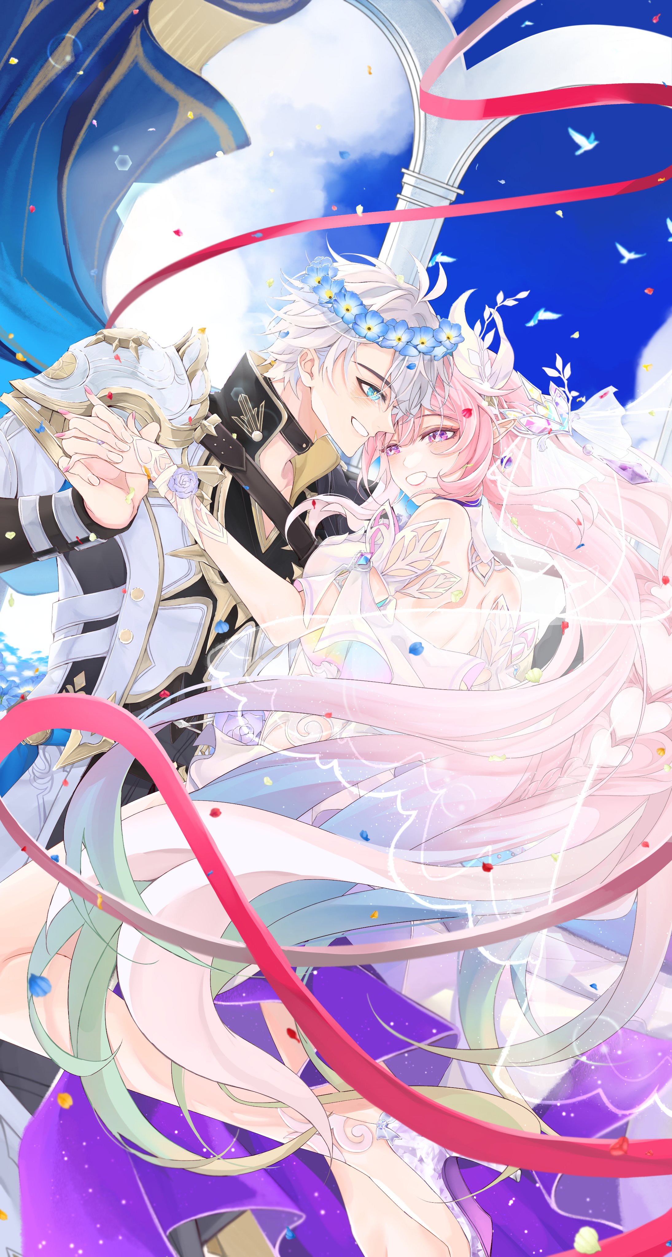 cyrene (honkai: star rail), cyrene (ripples of past reverie) (honkai: star rail), phainon (honkai: star rail), honkai: star rail, honkai (series), absurdres, commentary, highres, symbol-only commentary, 1boy, 1girl, aqua hair, armor, bare shoulders, blue eyes, blue sky, breasts, bridal veil, coat, couple, diamond-shaped pupils, diamond (shape), gradient hair, head wreath, hetero, high heels, interlocked fingers, large breasts, long hair, multicolored hair, pauldrons, pink hair, pointy ears, purple eyes, short hair, shoulder armor, single pauldron, sky, smile, sugarcoffeemilk, symbol-shaped pupils, veil, very long hair, white coat, white hair