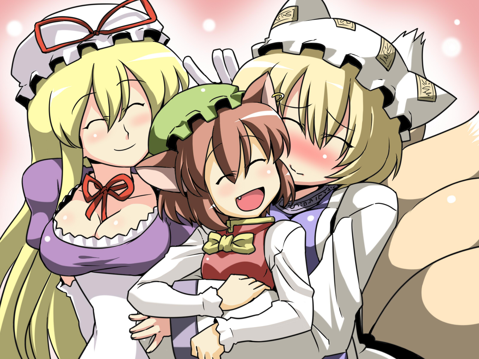 tukiwani, chen, yakumo ran, yakumo yukari, touhou, highres, 3girls, ^ ^, animal ears, blonde hair, breasts, brown hair, cat ears, cat girl, cat tail, cleavage, closed eyes, earrings, fang, female focus, fox tail, hand on another's head, hat, headpat, hug, jewelry, large breasts, long hair, multiple girls, multiple tails, short hair, simple background, tail