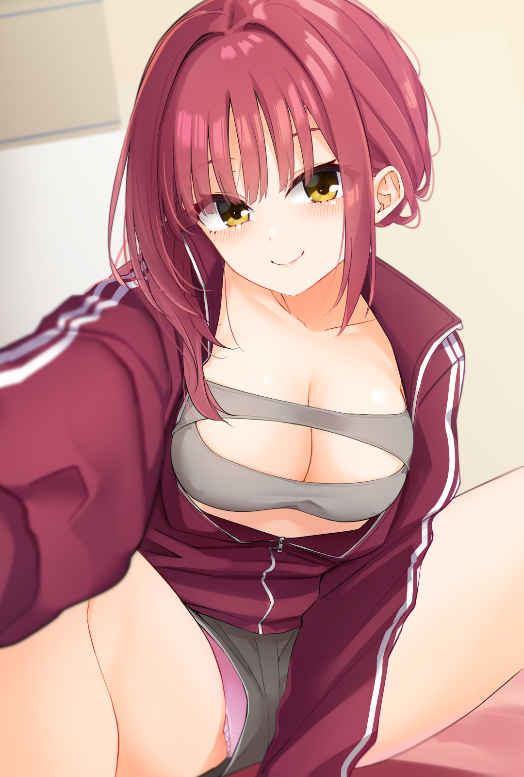 silver116, limelight lemonade jam, commentary request, highres, 1girl, black shorts, blunt bangs, blurry, blush, breasts, c:, cleavage, closed mouth, collarbone, covered erect nipples, depth of field, eyelashes, eyes visible through hair, feet out of frame, futamihara ririko, grey sports bra, hair between eyes, hair intakes, indoors, jacket, large breasts, lips, looking at viewer, medium hair, open clothes, open jacket, outstretched arm, panties, panty peek, partially unzipped, pink panties, red hair, red jacket, selfie, shorts, sidelocks, sitting, smile, solo, sports bra, spread legs, straight hair, thighs, track jacket, underwear, yellow eyes, zipper