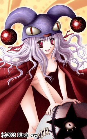 ueda metawo, yuka, yuka (gore screaming show), gore screaming show, lowres, 1girl, breasts, cape, female focus, happy, hat, long hair, naked cape, nude, purple hair, red eyes, ribbon, small breasts, smile, solo