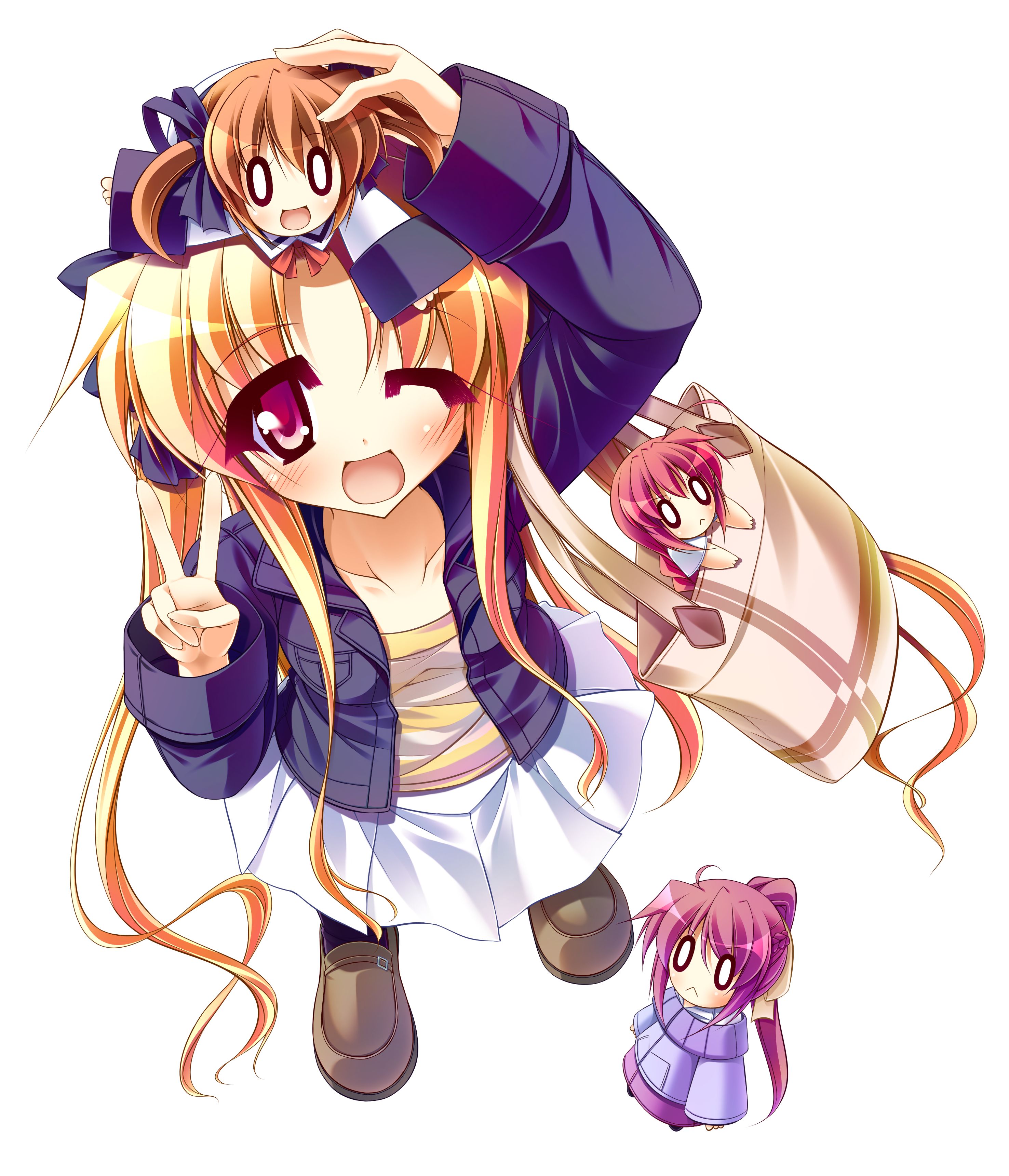 teruui, fate testarossa, signum, takamachi nanoha, vita (nanoha), lyrical nanoha, mahou shoujo lyrical nanoha, mahou shoujo lyrical nanoha a's, absurdres, bad id, bad pixiv id, highres, 00s, :<, ahoge, bag, blonde hair, brown hair, casual, chibi, long hair, pink eyes, pink hair, ponytail, red hair, skirt, smile, v, very long hair