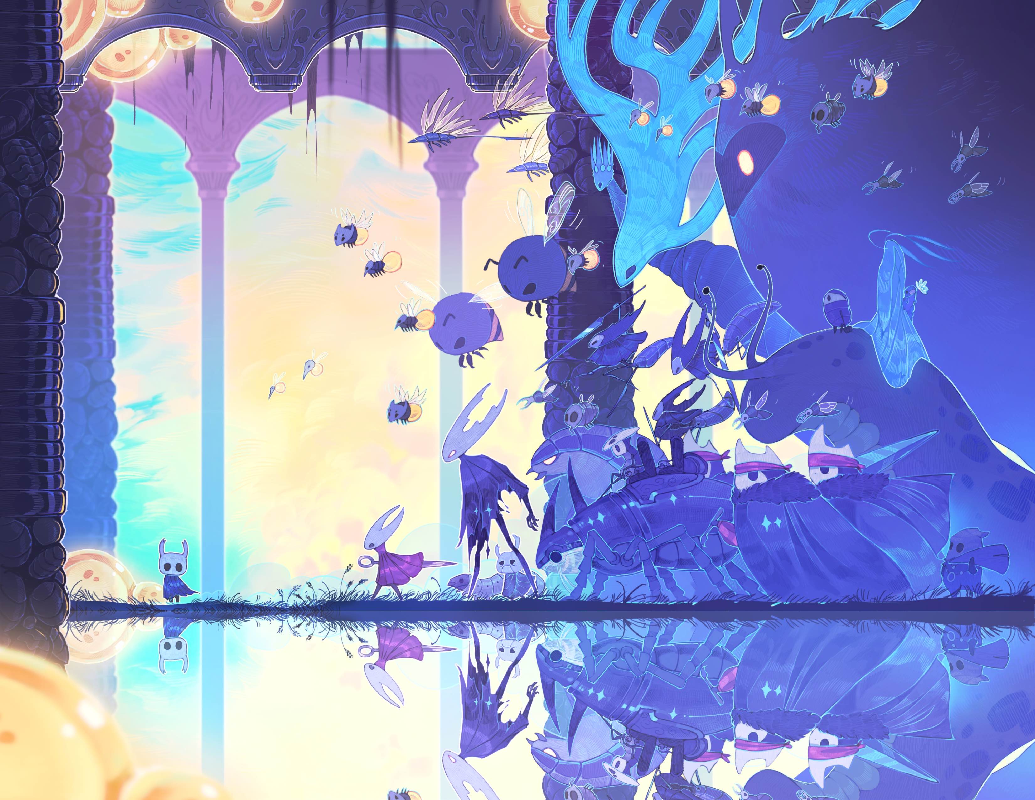 aluba (hollow knight), aspid hunter (hollow knight), cloth (hollow knight), hollow knight (character), hornet (hollow knight), knight (hollow knight), mantis lord (hollow knight), mato (hollow knight), menderbug (hollow knight), oro (hollow knight), pale king (hollow knight), primal aspid (hollow knight), quirrel, radiance (hollow knight), sheo (hollow knight), unn (hollow knight), vengefly (hollow knight), white lady (hollow knight), zote, hollow knight, absurdres, commentary, english commentary, highres, arthropod boy, arthropod girl, aspid hatchling (hollow knight), bee, bluequills, bug, building, cloak, elder baldur (hollow knight), flying, full body, grass, grey cloak, grey mourner (hollow knight), gruzzer (hollow knight), headband, hive guardian (hollow knight), holding, holding weapon, hollow eyes, horned mask, horns, insect, lake, mask, nail (hollow knight), on creature, red cloak, red headband, reflection, reflective water, size difference, slug, standing, the last stag, water, weapon, white mask
