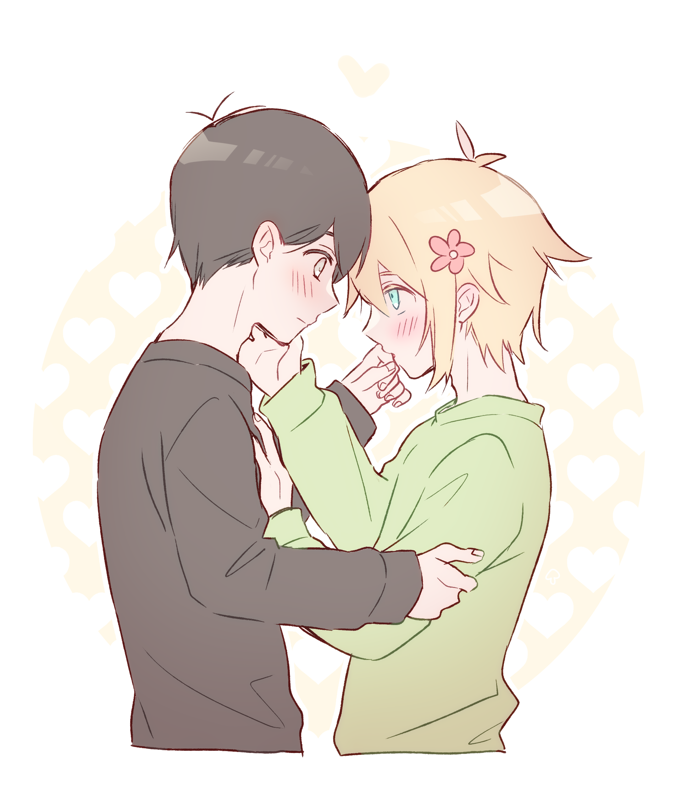 manimani (mani ma), basil (faraway) (omori), basil (omori), sunny (omori), omori, absurdres, highres, spoilers, 2boys, alternate costume, antenna hair, black hair, black sweater, blonde hair, blue eyes, blush, closed mouth, flower, grey eyes, hair flower, hair ornament, hand on another's cheek, hand on another's chest, hand on another's face, heart, long sleeves, male focus, multiple boys, parted lips, short hair, sidelocks, sketch, sweater, yaoi