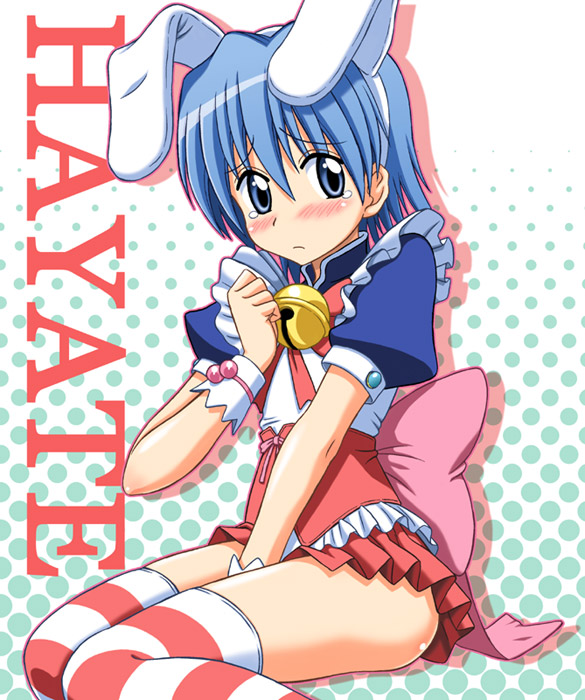 eiji, ayasaki hayate, hayate no gotoku!, 00s, 1boy, animal ears, bell, blue eyes, blue hair, blush, bow, crossdressing, crossdressing (mtf), frills, male focus, matching hair/eyes, rabbit ears, short hair, solo, striped clothes, striped thighhighs, tears, thighhighs, trap, wristband