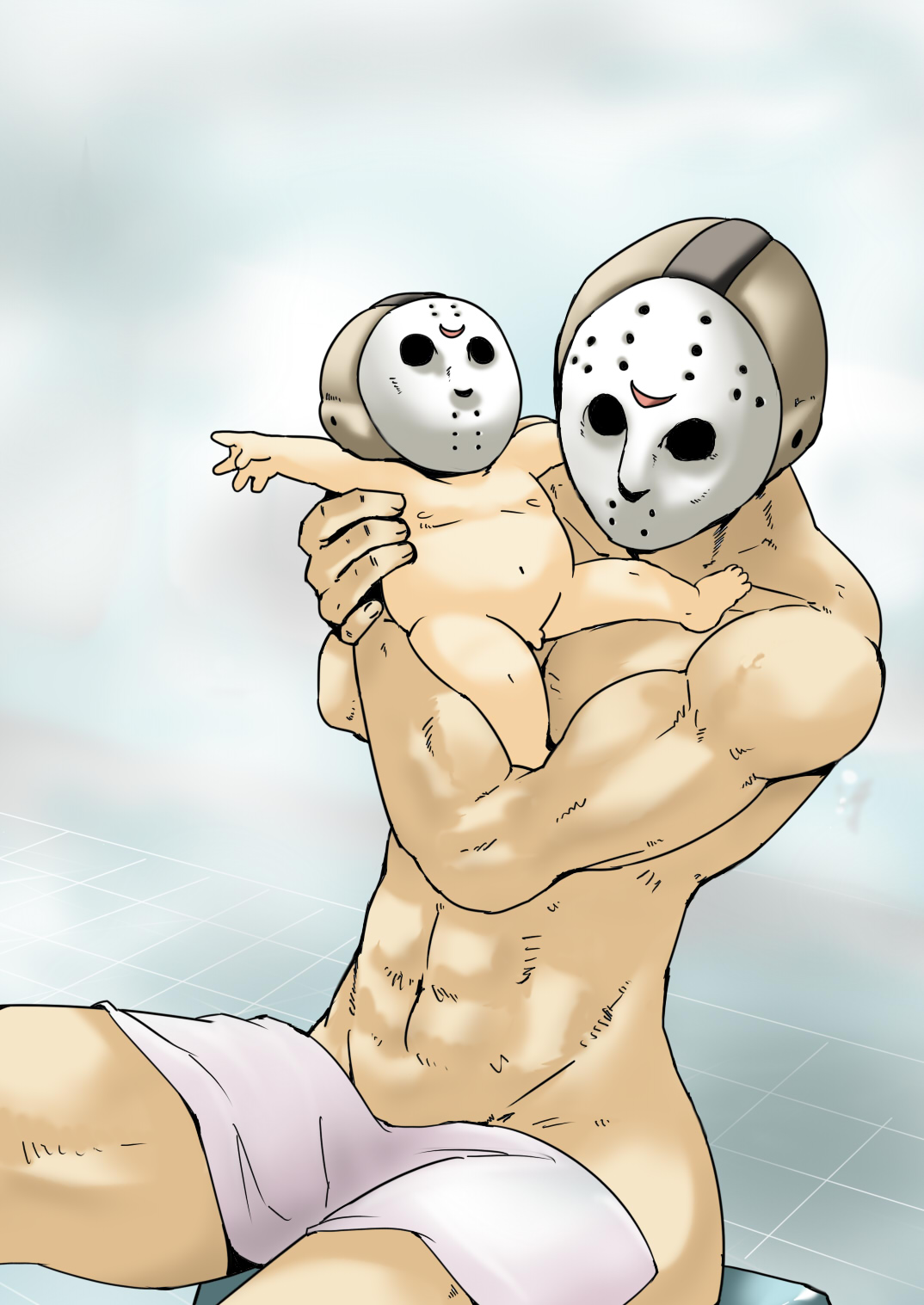 tukiwani, jason voorhees, friday the 13th, highres, 2boys, baby, gradient background, hockey mask, indoors, male focus, mask, multiple boys, muscular, nude, penis, small penis, towel, what