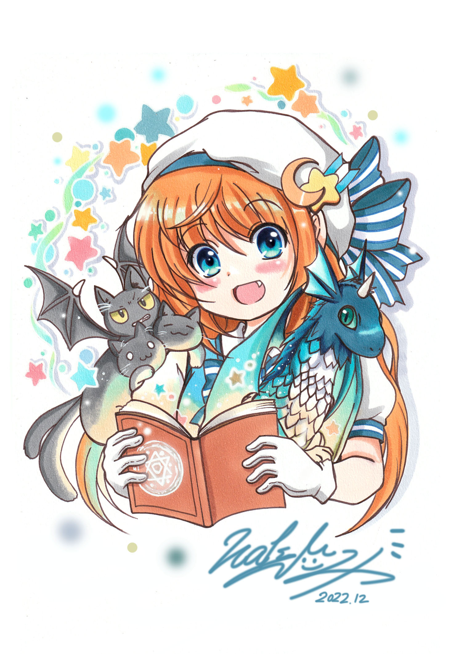 natumoro, original, highres, 1girl, bat (animal), blue eyes, book, dragon, happy, hat, orange hair, ribbon, star (symbol), white hat