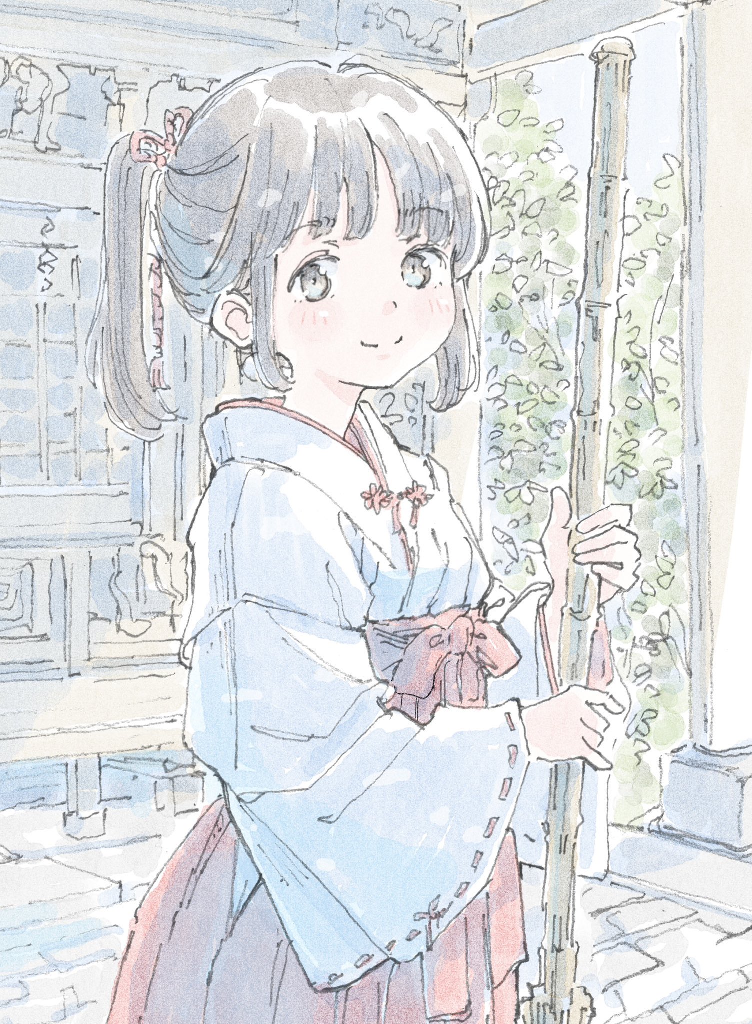 poranka (porankaran), original, highres, 1girl, blunt bangs, blush, broom, brown eyes, brown hair, closed mouth, cowboy shot, dot nose, hakama, hakama skirt, holding, holding broom, japanese clothes, miko, outdoors, ponytail, red hakama, short hair, shrine, sidelocks, skirt, smile, solo