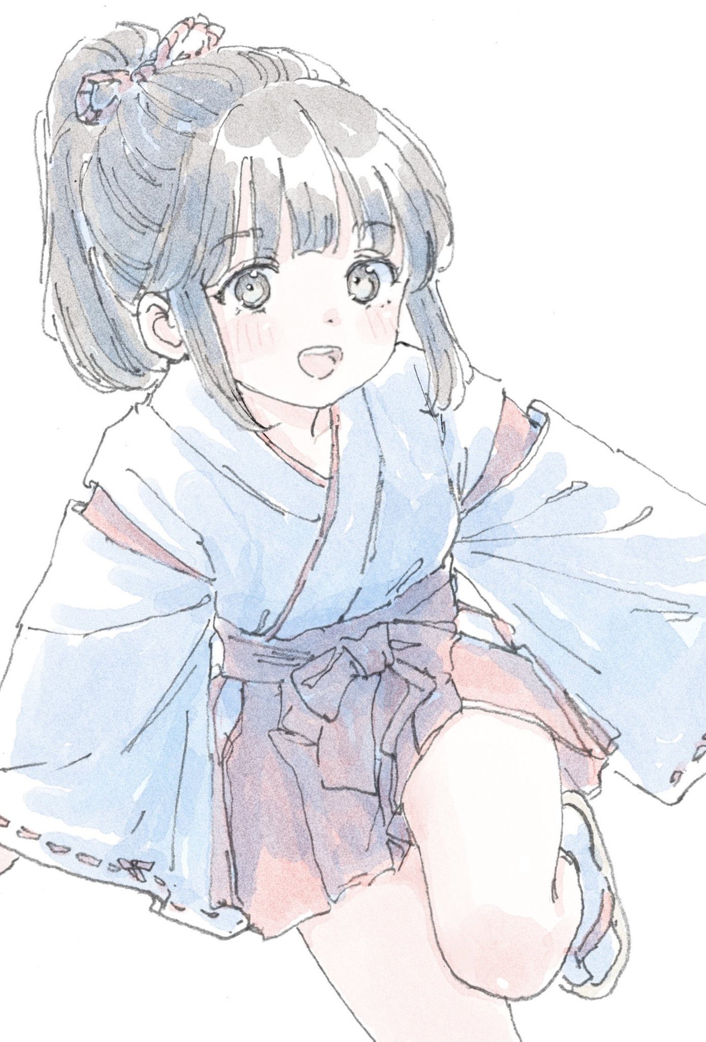 poranka (porankaran), original, highres, 1girl, blunt bangs, blush, brown hair, dot nose, feet out of frame, hakama, hakama skirt, japanese clothes, kosode, looking at viewer, miko, open mouth, parted bangs, ponytail, red hakama, running, sandals, short hair, sidelocks, simple background, skirt, socks, solo, thighs, white background, white kosode, white socks