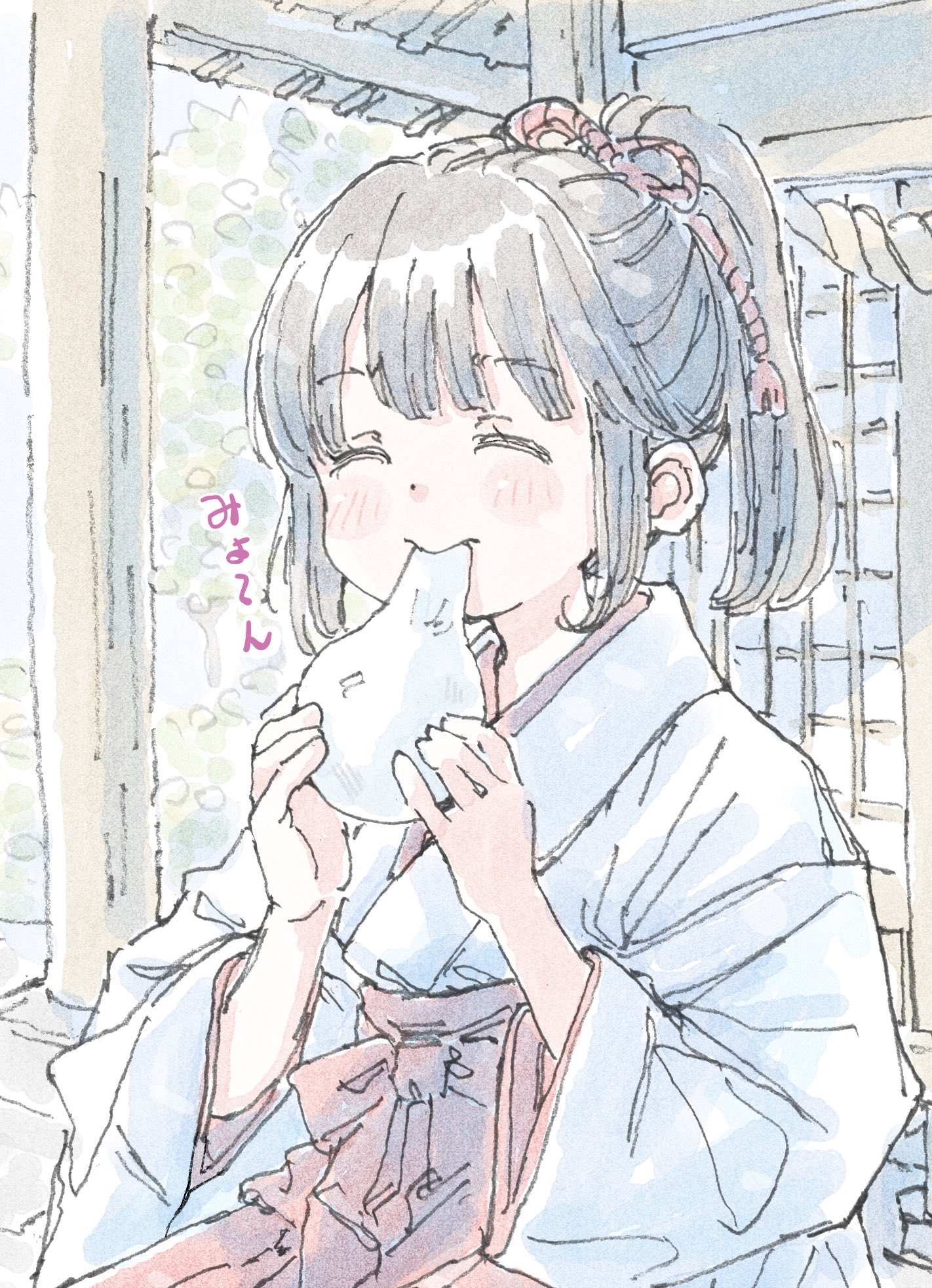 poranka (porankaran), original, highres, 1girl, biting, blunt bangs, blush, brown hair, closed mouth, dot nose, eating, feet out of frame, food, hakama, hakama skirt, holding, holding food, japanese clothes, mochi, parted bangs, ponytail, red hakama, short hair, shrine, sitting, skirt, smile, solo