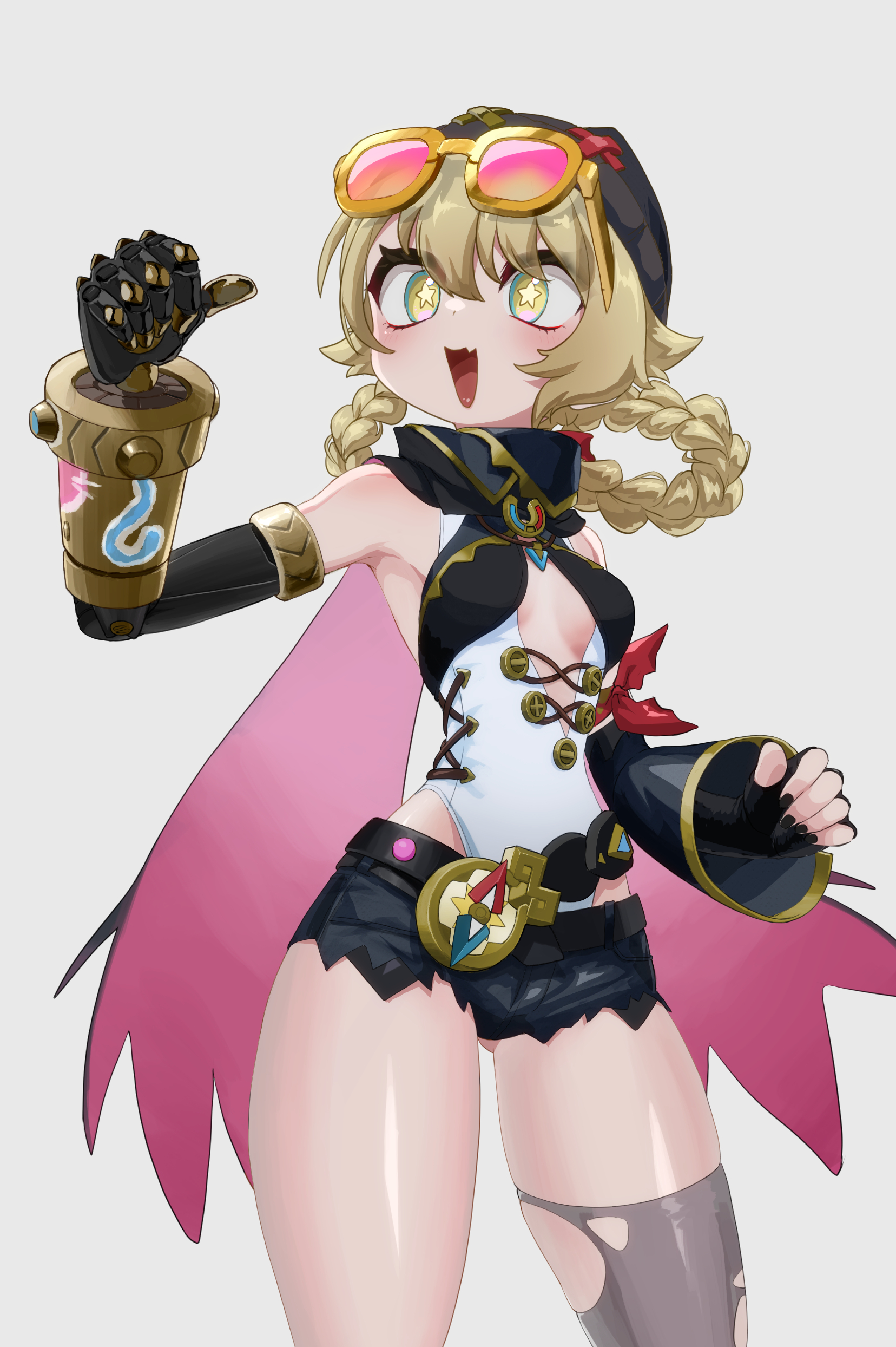 jahoda (genshin impact), genshin impact, absurdres, highres, 1girl, :d, bare shoulders, black hat, black nails, black shorts, blonde hair, braid, braided hair rings, breasts, cowboy shot, detached sleeves, eyewear on head, grey background, grey thighhighs, hair rings, hat, long sleeves, nail polish, open mouth, raifu (mikazuchilife), short shorts, shorts, simple background, single thighhigh, small breasts, smile, solo, standing, star-shaped pupils, star (symbol), sunglasses, symbol-shaped pupils, thighhighs, thighs, tinted eyewear, torn clothes, torn thighhighs, yellow eyes