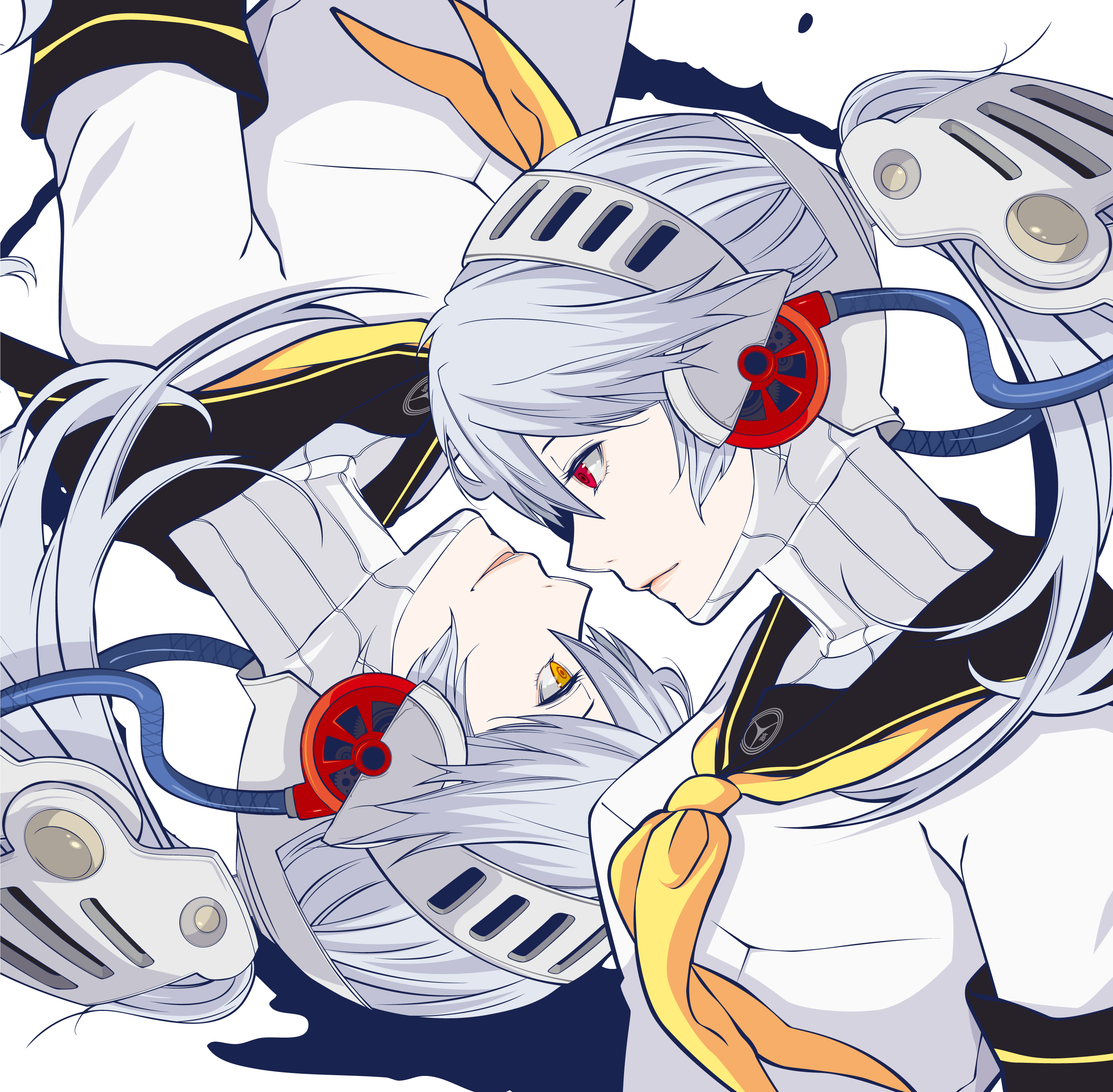 labrys (persona), shadow (persona), shadow labrys, persona, persona 4: the ultimate in mayonaka arena, persona 4: the ultimax ultra suplex hold, absurdres, commentary, commentary request, english commentary, highres, mixed-language commentary, 2girls, android, arm at side, black sailor collar, breasts, closed mouth, dual persona, hairband, long hair, looking at another, medium breasts, multiple girls, nakahara 0115, neckerchief, ponytail, portrait, red eyes, robot ears, rotational symmetry, sailor collar, school uniform, shirt, short sleeves, white background, white hair, white hairband, white shirt, yellow eyes, yellow neckerchief