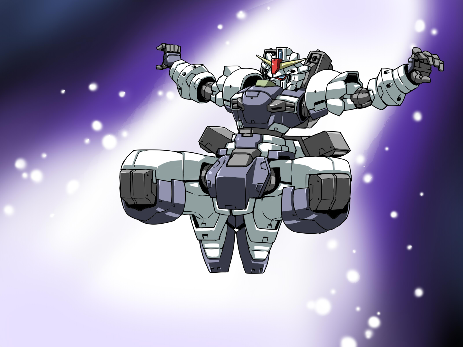 tukiwani, izayoi sakuya, gundam, touhou, highres, armor, backlighting, blue eyes, full body, gradient background, knees apart feet together, light particles, mecha, mechanization, no humans, outstretched arms, robot, solo