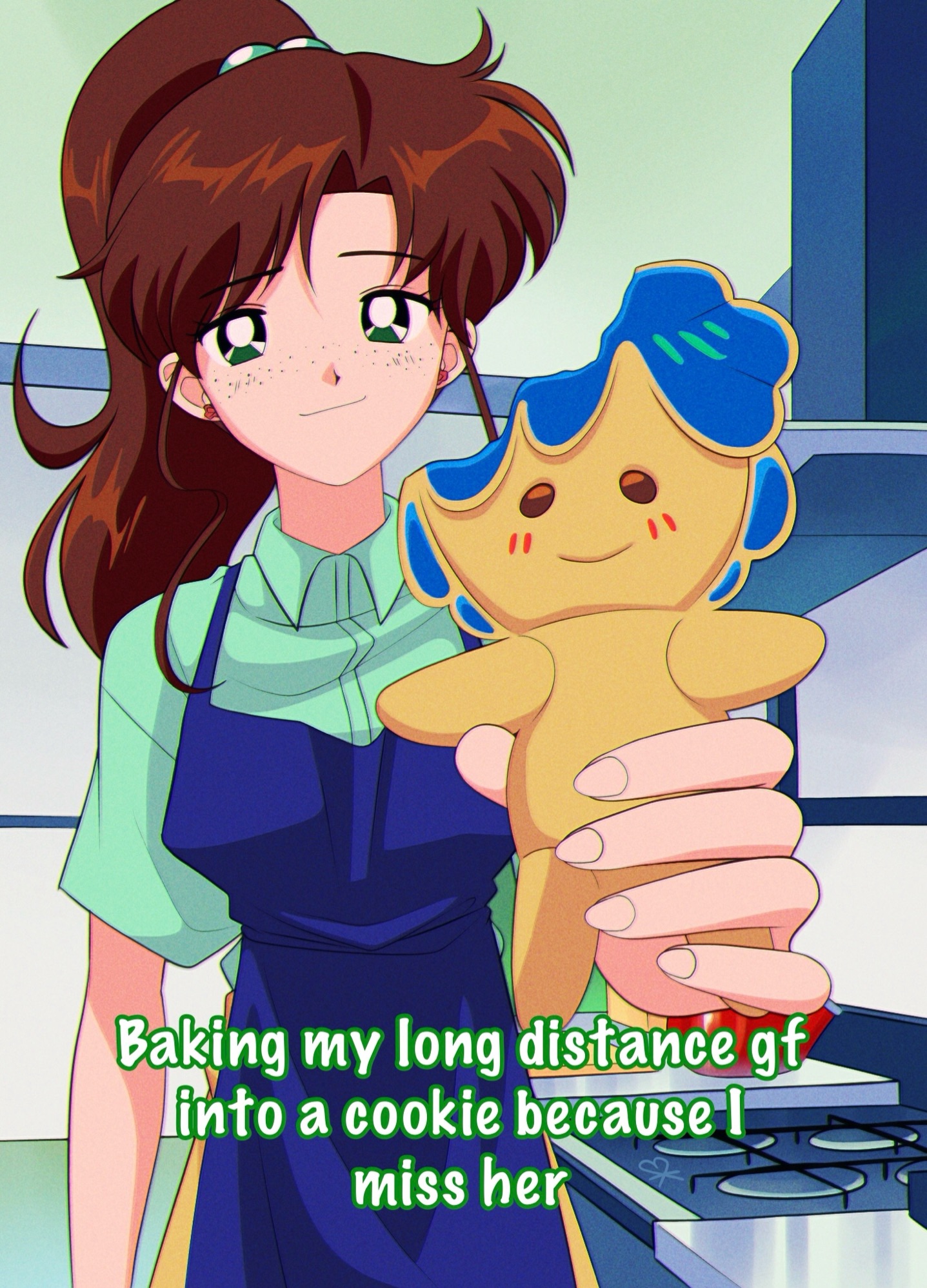 kino makoto, mizuno ami, bishoujo senshi sailor moon, highres, 1girl, apron, aqua shirt, baking my long distance bf into a cookie because i miss him (meme), blue apron, blue hair, brown hair, character cookie, collared shirt, cookie, food, freckles, green eyes, hair bobbles, hair ornament, holding, holding cookie, holding food, kibblebeans, kitchen, long hair, meme, parted bangs, ponytail, shirt, smile, solo, stove