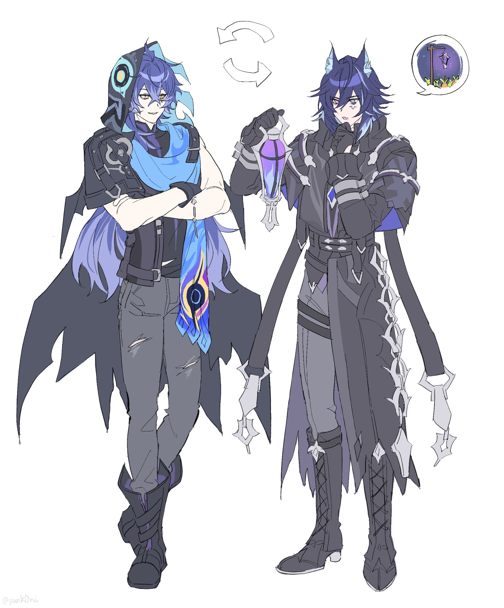 flins (genshin impact), ororon (genshin impact), genshin impact, commentary, highres, symbol-only commentary, 2boys, animal ear fluff, animal ears, arrow (symbol), asymmetrical sleeves, bat ears, black boots, black coat, black gloves, black jacket, blue eyes, blue hair, boots, cape, coat, cosplay, costume switch, crossed arms, crossed bangs, facial mark, fingerless gloves, flins (genshin impact) (cosplay), full body, gloves, grey pants, hair between eyes, hand on own chin, hetero, holding, holding lantern, hood, hood up, jacket, lantern, legs apart, long hair, long sleeves, looking at another, male focus, multicolored hair, multiple boys, ororon (genshin impact) (cosplay), pank0ni, pants, pink eyes, purple hair, scarf, short sleeves, simple background, single sleeve, standing, standing on one leg, torn clothes, torn pants, two-tone hair, very long hair, white background, yellow eyes