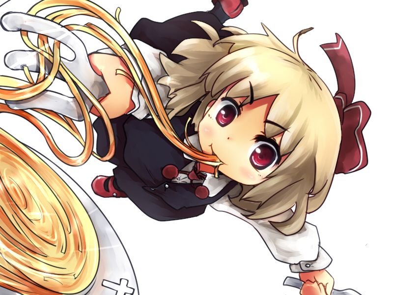 murani, rumia, embodiment of scarlet devil, touhou, 1girl, blonde hair, bow, eating, female focus, food, fork, hair bow, holding, holding fork, noodles, plate, red eyes, short hair, solo