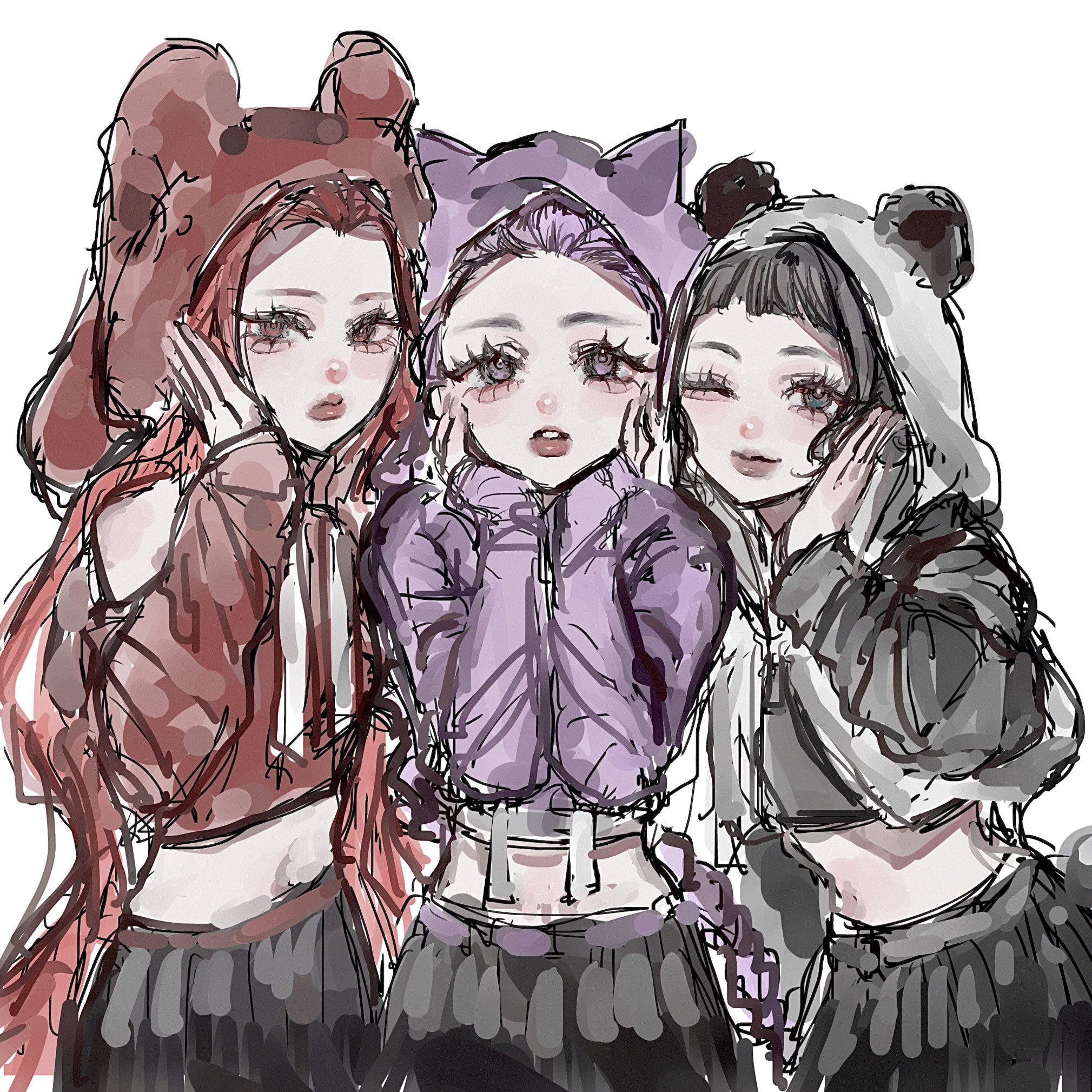 mira (kpop demon hunters), rumi (kpop demon hunters), zoey (kpop demon hunters), kpop demon hunters, highres, 3girls, aegyo sal, black hair, blunt bangs, cowboy shot, cropped hoodie, eyelashes, hood, hoodie, leigh 113n, looking at viewer, multiple girls, one eye closed, parted lips, purple eyes, purple hair, red eyes, red hair, simple background, white background