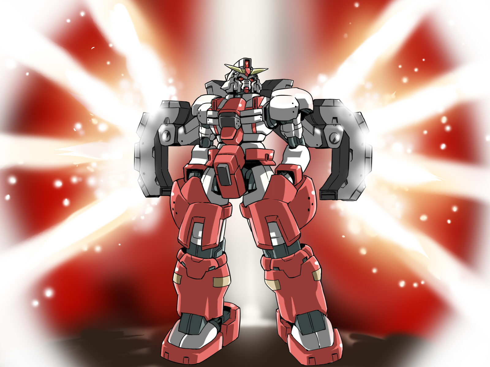 tukiwani, fujiwara no mokou, gundam, touhou, highres, full body, hands in pockets, mecha, mechanization, no humans, red theme, robot, standing