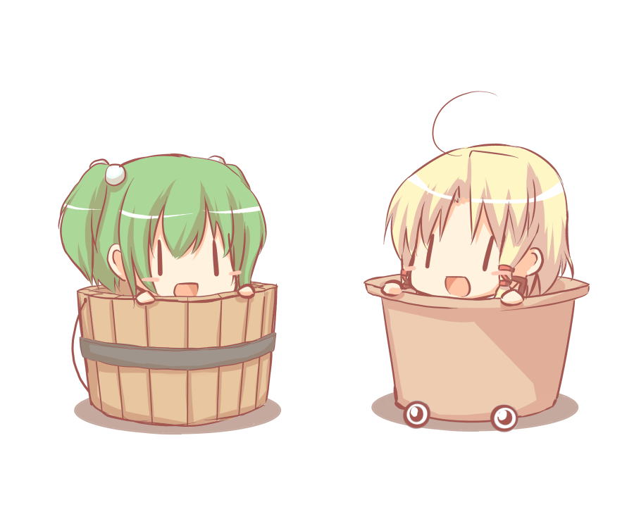 hiraga matsuri, hirasato, kisume, moriya suwako, pyonta, touhou, 2girls, :d, ahoge, blonde hair, blush stickers, bucket, chibi, female focus, green hair, hair bobbles, hair ornament, in bucket, in container, multiple girls, open mouth, parody, ribbon, smile, | |