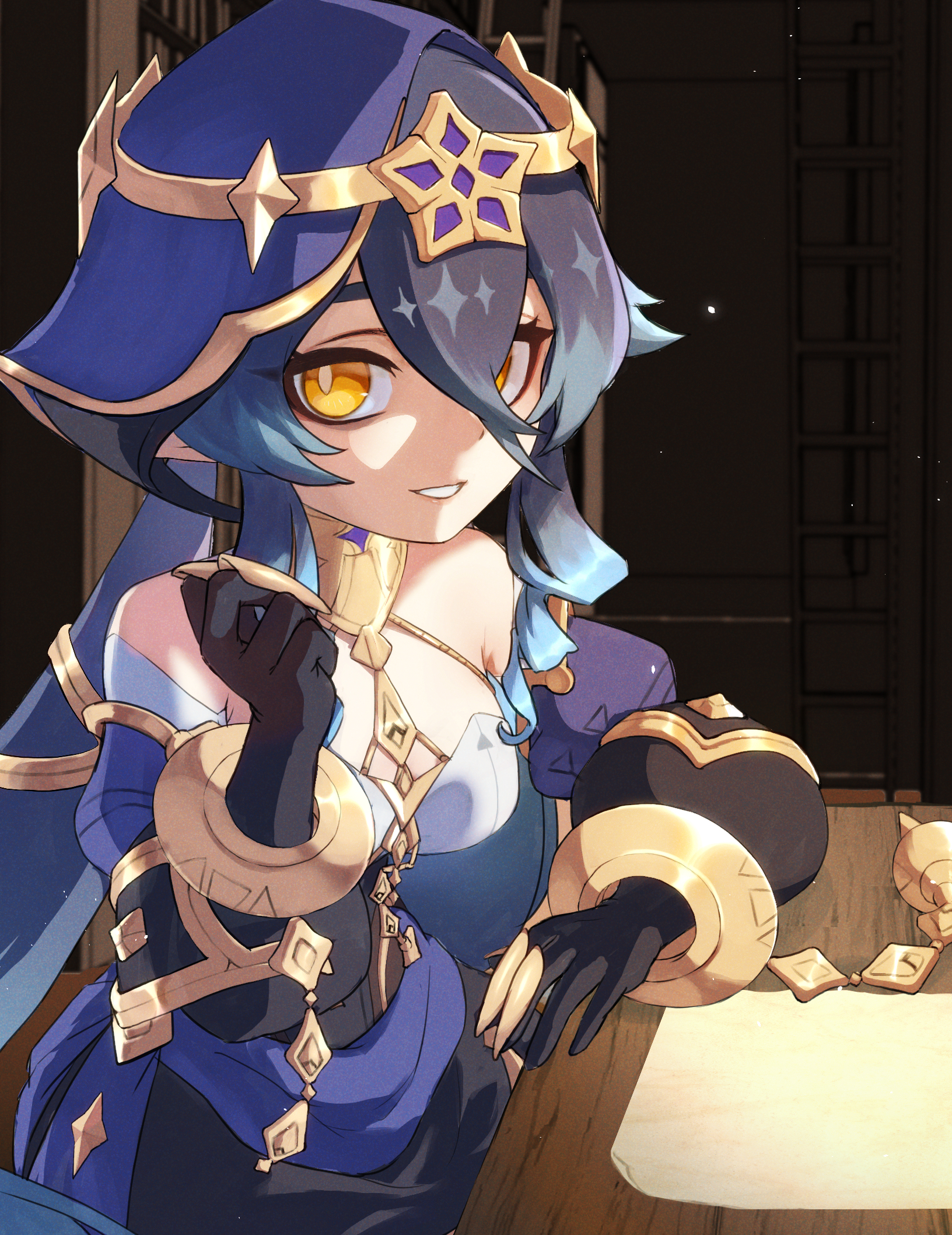 layla (genshin impact), genshin impact, commentary, highres, 1girl, bare shoulders, black gloves, blue hair, detached sleeves, dress, gloves, grin, halter dress, halterneck, hand up, hood, jewelry, juliet sleeves, long hair, long sleeves, looking at viewer, neck ring, puffy sleeves, raifu (mikazuchilife), smile, solo, upper body, very long hair, yellow eyes