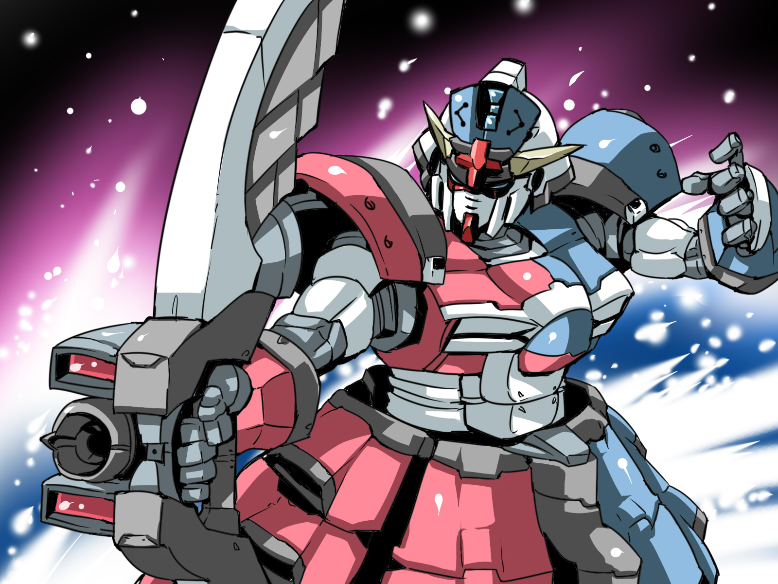 tukiwani, yagokoro eirin, gundam, touhou, highres, armor, backlighting, bow (weapon), female focus, foreshortening, holding, holding weapon, light particles, mecha, mechanization, no humans, outstretched arm, robot, upper body, weapon