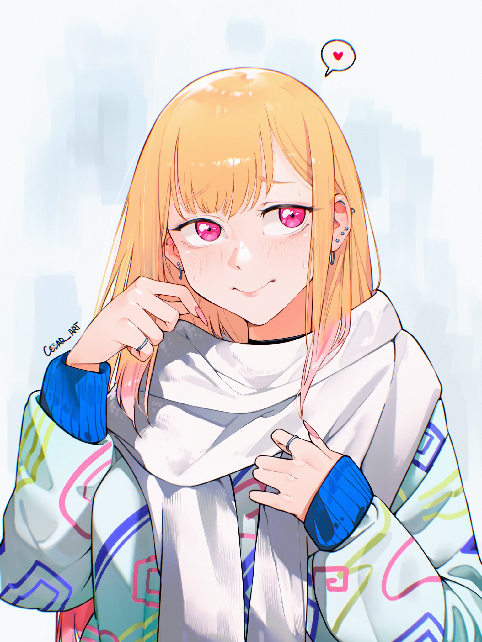 cesar art456, kitagawa marin, sono bisque doll wa koi wo suru, highres, 1girl, artist name, blonde hair, ear piercing, earrings, heart, jewelry, lips, long hair, long sleeves, multicolored hair, piercing, pink eyes, pink hair, ring, scarf, simple background, smile, solo, spoken heart, two-tone hair, upper body, white background, white scarf