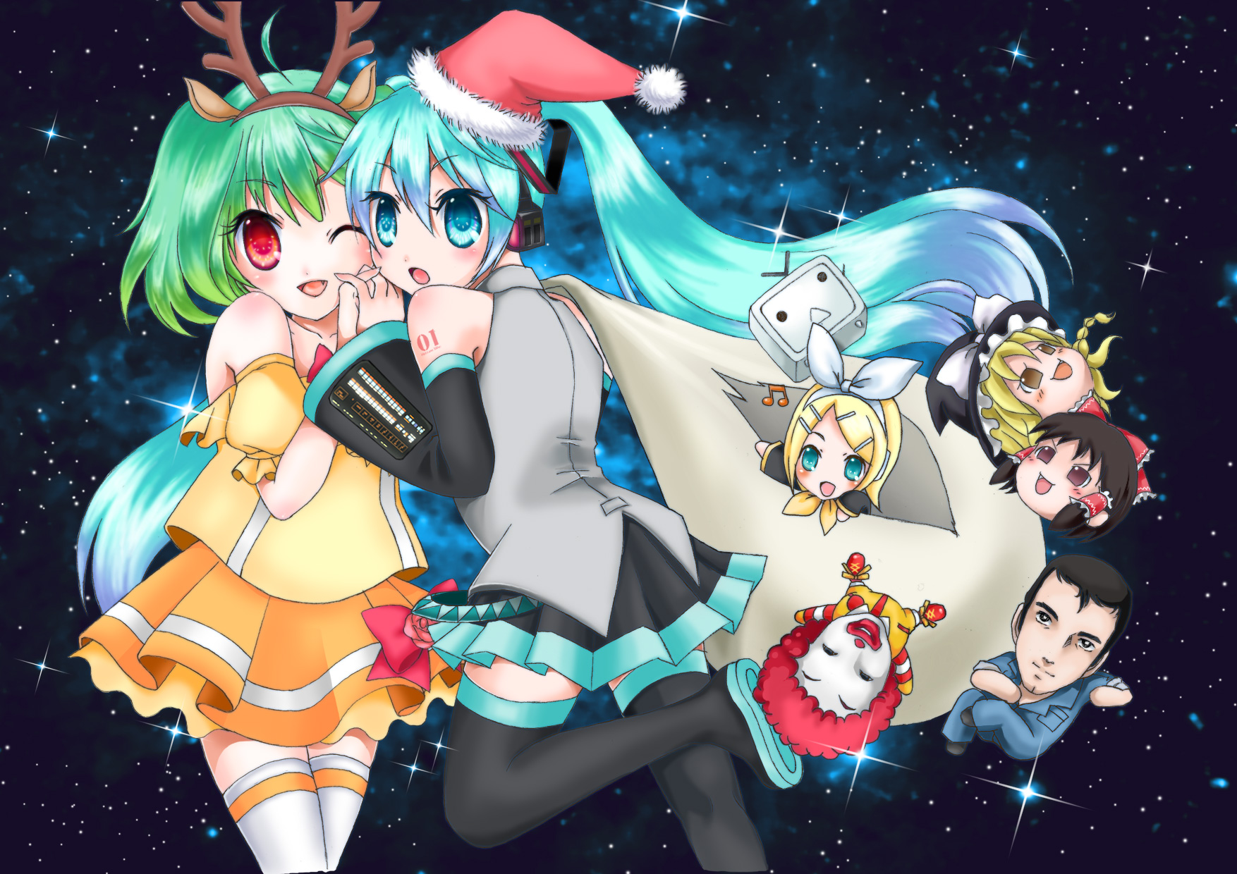 tammy, tammy (0901), abe takakazu, hakurei reimu, hatsune miku, kagamine rin, kirisame marisa, ranka lee, ronald mcdonald, kuso miso technique, macross, macross frontier, mcdonald's, touhou, vocaloid, bad id, bad pixiv id, highres, 00s, 2boys, 3girls, ahoge, antlers, aqua hair, bag, blonde hair, christmas, crossover, detached sleeves, fang, hat, holding hands, horns, japanese clothes, miko, mini hat, mini santa hat, multiple boys, multiple crossover, multiple girls, one eye closed, sack, santa hat, skirt, space, thighhighs, twintails, wink, yaranaika, yukkuri shiteitte ne