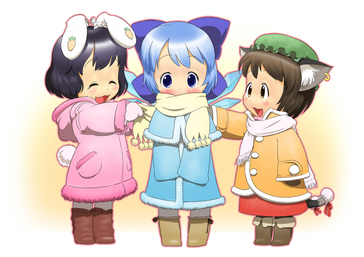 ogu (oguogu), chen, cirno, inaba tewi, touhou, 3girls, :3, aged down, animal ears, blush, boots, cat ears, cat girl, cat tail, chibi, child, coat, earrings, female focus, hat, jewelry, multiple girls, pantyhose, rabbit ears, scarf, tail, wings, winter clothes