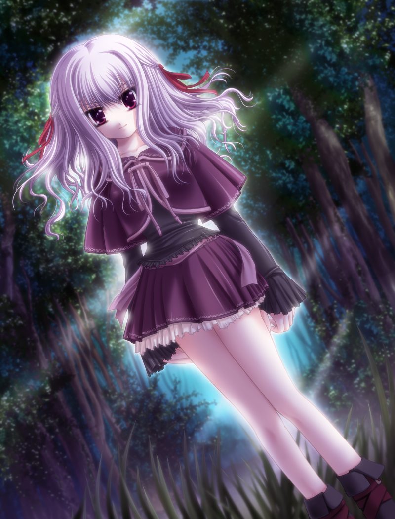 ueda metawo, yuka, yuka (gore screaming show), gore screaming show, 1girl, dress, female focus, grass, long hair, nature, purple hair, red eyes, ribbon, solo