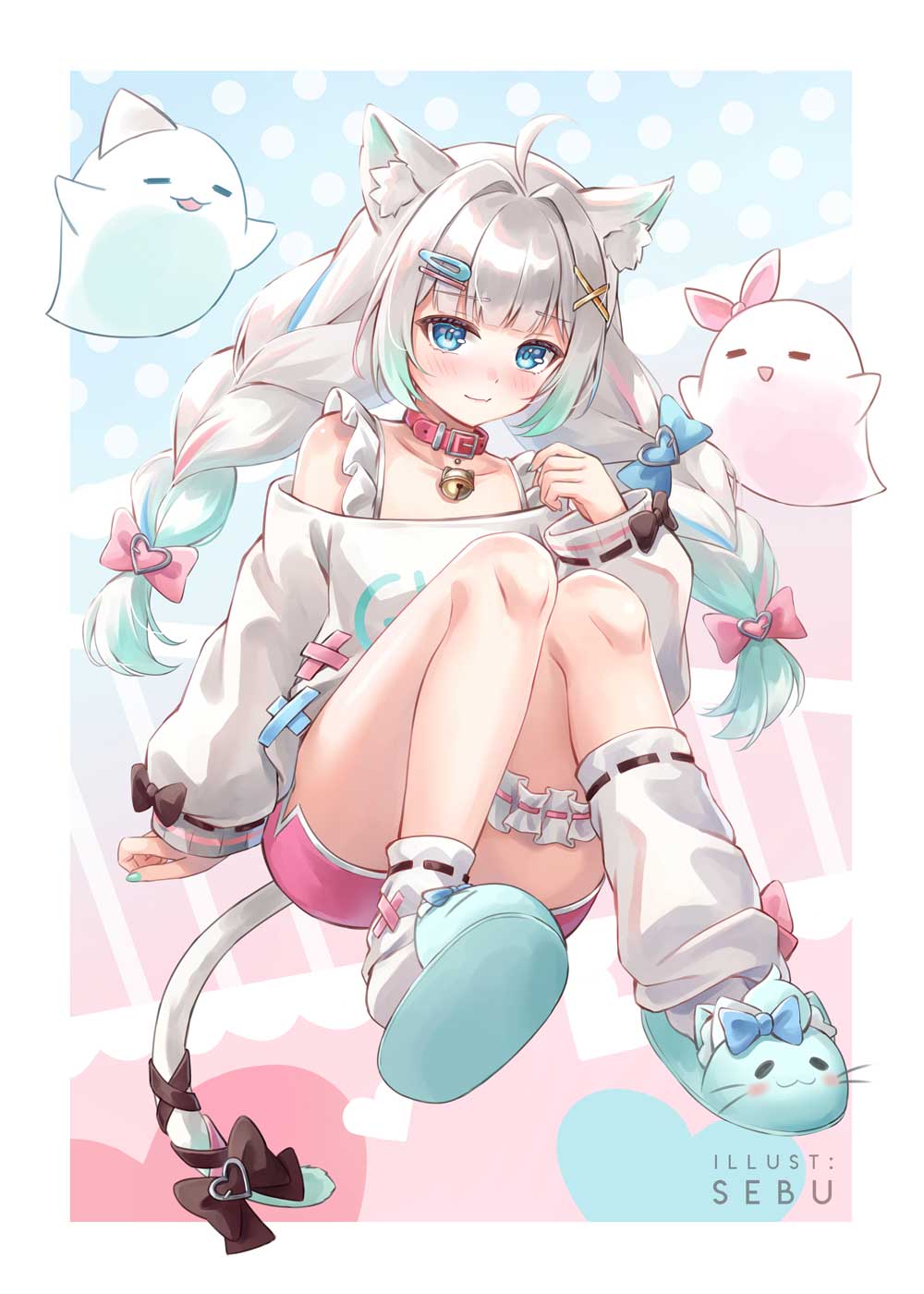 sebu illust, mint fantome, mint fantome (otaku), wisps (mint fantome), indie virtual youtuber, commentary, english commentary, highres, 1girl, ahoge, animal ear fluff, animal ears, animal slippers, artist name, bell, black bow, black ribbon, blue bow, blue streaks, blush, border, bow, braid, cat ears, cat girl, cat slippers, cat tail, closed mouth, collar, collarbone, dolphin shorts, fang, fang out, frilled thigh strap, full body, gradient hair, green slippers, grey hair, hair bow, hair intakes, hair ornament, hairclip, heart, jingle bell, kneehighs, knees up, long hair, long sleeves, looking at viewer, low twin braids, low twintails, multicolored hair, multiple hair bows, neck bell, off-shoulder sweater, off shoulder, parallel hairclips, pink bow, pink shorts, pink streaks, red collar, ribbon, ribbon-trimmed socks, ribbon trim, shorts, single kneehigh, single loose sock, single sock, sitting, skin fang, sleeve bow, slippers, smile, socks, solo, streaked hair, sweater, tail, tail bow, tail ornament, tail ribbon, thigh strap, twin braids, twintails, virtual youtuber, white border, white socks, white sweater, x hair ornament